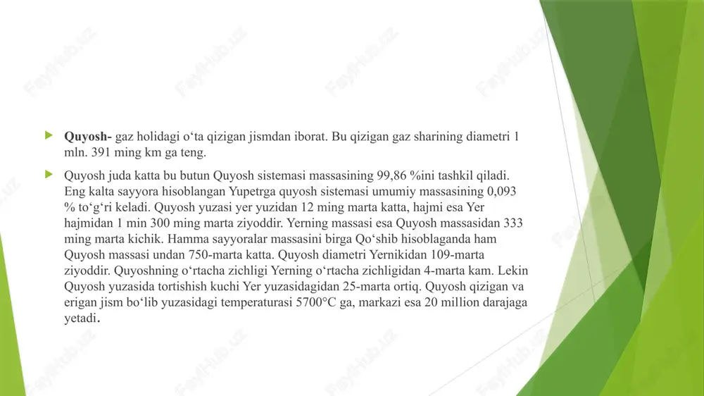 ). yer sayyorasi haqida batafsil ma'lumotlar tuzilishi: yadro (temir va nikeldan) mantiya (qaynoq tosh massasi) qobiq (qattiq tosh qatlami) atmosfera (asosan azot va kislorod) noyob xususiyatlari: suyuq suv mavjudligi kislorodli atmosfera magnit maydoni (quyosh shamolidan himoya) tektonik faollik hayot mavjudligi yer atmosferasi: 78% azot yer atmosferasi: 78% azot 21% kislorod 1% boshqa gazlar (argon, karbonat angidrid va h.k.) yer sayyorasi quyosh tizimidagi eng murakkab va hayot uchun qulay sharoitlarga ega bo'lgan yagona ma'lum sayyoradir. uning noyob pozitsiyasi, atmosferasi va magnit maydoni hayotning rivojlanishi uchun ideal sharoitlar yaratgan. sayyoralarning vujudga kelishi. sayyoralarning vujudga kelishi haqidagi dastlabki ilmiy gepotezani 1745-yili fransuz olimi j.byuffon yaratgan. uning fikricha sayyoralar quyoshning katta kometa bilan toʻqnashishi natijasida undan ajralib chiqqan qismlaniing sovushidan vujudga kelgan. j.byuffoning yer va boshqa sayyoralar dastlab quyosh plazmasidan vujudga kelgan degan gipotezasidan foydalanib, 1755-yili nemis filosofi i. kant va 1796-yili fransuz matematigi p. i.aplas sayyoralarning vujudga kelishi haqidagi yangi nazariyani mustaqil ravishda …