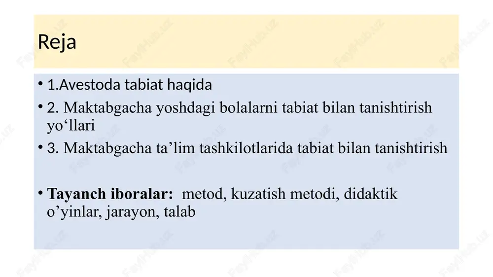 ogikada metod — pedagog va ta'lim oluvchining (bolaning) ma'lum ta'lim-tarbiyaviy natijasi: bilimlarni egallash, malaka va ko'nikmalarni hosil qilish, qobiliyatlarni o'stirish ahloqiy sifatlar, xulq odatlarni shakllantirishga erishish uchun yo'llangan hamkorlikdagi faoliyatining usulidir. bolalar mtmda bolalarni tabiat bilan tanishtirish jaraѐnida turli melodlardan foydalaniladi. . kuzatish maktabgacha yoshdagi bolalarga tabiatni turli xil ko’rinishlari rango-rangligini tabiiy sharoitda o’rganish imkoniyatini beradi. tabiatda kechadigan ko’’gina hodisalar va o’zgarishlarni kuzatish unchalik ko’’ bilim talab qilmaydi. tabiatda uchraydigan o’zaro bog’lanish va munosabatlar tabiatni tushunishga uni bilishga yordam beradi. kuzatishlarni tartiblashtirilgan tarzda va doimo tabiat bilan yaqindan tanishish ishlarini olib borish, bolani kuzatish, qiziqish, bahzi bir hodisalarni kelib chiqish sabablarini aniqlash kabi harakatlarga undaydi. natijada, bolada diqqat bilan kuzatish, razm solish qobiliyati rivoj’anadi. bu esa, o’z navbatida bolalarning aqliy tarbiyasini rivojlantirish oldida turgan asosiy vazifalardan biri hisoblanadi. ekskursiya mashg‘ulotlarining afzalligi shundaki, unda bolalar o‘simlik va hayvonlarni ular yashaydigan muhitda ko‘rish imkoniyatiga ega bo‘lgan o‘zaro aloqdlar haqida dastlabki dunyoqarash tasavvurlarini, …