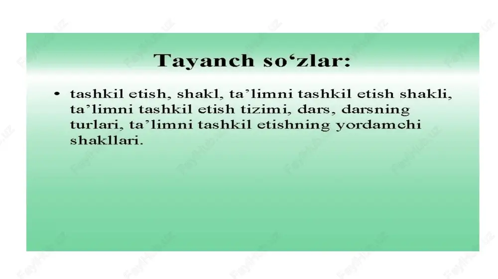 lari oldingi mavzularda tushuntirilgan) biz hammamiz sinf-dars tizimida o’qiganmiz. xo’sh, bu tizimning mohiyati nimadan iborat va u qanday tuzilishga ega? forobiyning "fan va aql zakovat" asarida o’quv fanlarini guruhlarga bo’lib o’qitish, ularning tarbiyaviy mohiyatini ochish masalalariga e’tibor berilgan. sinf-dars tizimini didaktik talablar asosida yaratishda buyuk chex pedagogi yan amos komenskiyning xizmatlari katta, uni sinf - dars tizimining asoschisi sifatida butun dunyo tan olgan. a.ya.komenskiy "buyuk didaktika" asarida o’quv mashg’ulotlarini guruh shaklida tashkil etish, o’quv yili va o’quv kunini bir vaqtda boshlash, mashg’ulotlar orasida tanaffuslar berilishi, guruhdagi bolalarning yoshi va soni bir xil bo’lishiga alohida e’tibor berdi. dars davomida o’quvchilar diqqatini to’plash, materialni batafsil tushuntirish, o’quvchiga savollar berish, o’zlashtirish jarayonini nazorat qilish zarurligini ta’kidlaydi. «ta’limni tashkiliy shakllari» mavzusiga klaster tuzamiz. (uning qoidalari oldingi mavzularda tushuntirilgan) biz hammamiz sinf-dars tizimida o’qiganmiz. xo’sh, bu tizimning mohiyati nimadan iborat va u qanday tuzilishga ega? ta’limning maqsadi - mustaqil jamiyatimizning ravnaqiga nazariy va amaliy hissa …