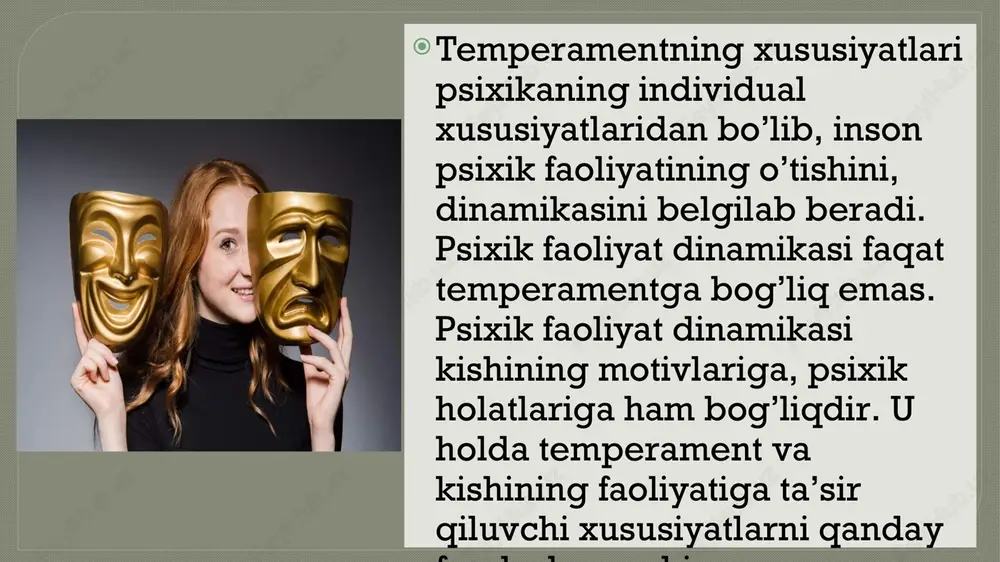 dagi suyuqliklarning (xiltlarning) turlicha nisbatda bo’lishi bilan bog’liqdir. gippokrat fikricha, odam tanasida to’rt xil suyuqlik (xilt) bordir. chunonchi, o’t yoki safro (grekcha — chole), qon (lotincha — sangus), (qora o’t - grekcha melanchole) va balg’am (grekcha — plegma) bordir. bu suyuqliklarning har biri o’z xususiyatiga ega bo’lib, ularning o’z vazifasi, ishi bordir. chunonchi, o’tning xususiyati — quruqlikdir. uning ishi — organizmdagi quruqlikni saqlab turish, ya’ni badanni quruq tutishdir. qonning xususiyati — issiqlikdir. uning ishi organizmni isitib turishdir. qora o’tning xususiyati — namlikdir. uning ishi badan namligini saqlab turish, uning namligini tutib turishdir. balg’am (shilimshiq modda)ning xususiyati sovuqlikdir. uning ishi badanni sovitib turishdir. gippokrat fikriga muvofiq, har qaysi odamda shu to’rt xildagi suyuqlikdan biri ko’proq bo’lib, ustun turadi. bu aralashma (lotincha — temperamentum)lardan qaysi biri ustun bo’lishiga qarab, odamlar temperament jihatdan har xil bo’ladilar. xoleriklarda sariq o’t ustun; sangviniklarda — qon; melanxoliklarda qora o’t; flegmatiklarda esa balg’am (shilimshiq modda) ustun bo’ladi, …