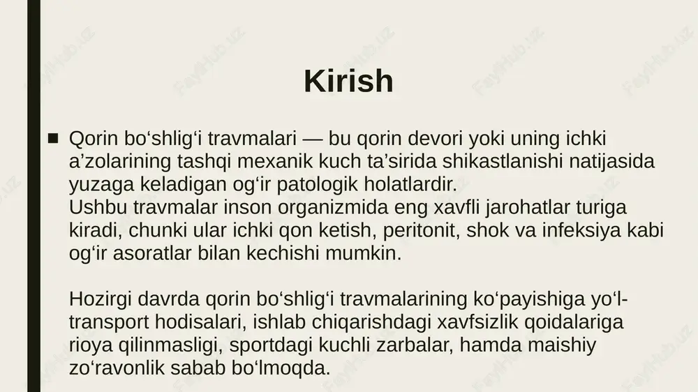 ilishi ichki qon ketishga olib keladi. taloq — mexanik zarbaga sezuvchan. uning yorilishi tezda qon yo‘qotish va shok bilan kechadi. ichaklar — to‘liq yoki qisman uzilishi oqibatida ichak tarkibi qorin bo‘shlig‘iga to‘kiladi va peritonit yuzaga keladi. oshqozon — o‘tkir predmet bilan jarohatlanganda teshilishi mumkin. buyrak va peshob pufagi — bel sohasiga zarba tushganda shikastlanadi. oshqozon osti bezi — chuqur joylashgan bo‘lsa-da, kuchli zarbalarda ezilishi mumkin. klinik belgilari umumiy belgilar: bemorning rangi oqarib ketadi yurak urish tezlashadi (taxikardiya) qon bosimi pasayadi sovuq ter bosadi, lablari ko‘karadi holsizlik, bosh aylanishi, hushdan ketish holatlari nafas olishda og‘riq kuchayadi mahalliy belgilar: qorin sohasida kuchli og‘riq, shish yoki ko‘karish qorin devorining tarangligi, qattiqlashuvi palpatsiya (paypaslash)da og‘riq kuchayadi qorin harakati kamayadi (nafas olayotganda ko‘tarilmaydi) ich kelmasligi, gaz chiqmasligi, ko‘ngil aynish va qayt qilish agar ichki qon ketayotgan bo‘lsa — qorinda suyuqlik to‘planadi, bemorda sustlik kuchayadi tashxis qo‘yish usullari 1. tibbiy ko‘rik shikast joyi, og‘riq, teri ko‘karishi …
