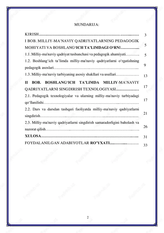 hlang‘ich ta’lim bosqichi esa bolalarning shaxsiyati shakllanishidagi eng muhim davr bo‘lib, aynan shu bosqichda milliy-ma’naviy qadriyatlarni singdirish orqali kelajak avlodni ma’naviy barkamol inson sifatida tarbiyalash mumkin. kurs ishining dolzarbligi - zamonaviy ta’lim tizimida nafaqat fan bilimlarini yetkazish, balki yosh avlodning ma’naviy-axloqiy rivojlanishini ta’minlash ham muhim vazifa sifatida qaraladi. bugungi kunda globalizatsiya va axborot texnologiyalari tez rivojlanishi natijasida bolalar turli madaniyat va qadriyatlar ta’sirida o‘smoqda. shu sababli, milliy-ma’naviy qadriyatlarni boshlang‘ich ta’lim bosqichida singdirish dolzarb va muhim vazifa hisoblanadi. milliy-ma’naviy qadriyatlar – bu jamiyatning tarixiy, madaniy va ma’naviy merosi bo‘lib, insonning shaxsiyati va ijtimoiy faoliyati shakllanishida yo‘naltiruvchi kuchga ega. boshlang‘ich ta’lim bosqichi esa bolalarning shaxsiyati shakllanishidagi eng muhim davr bo‘lib, aynan shu yoshda bolalarning fikrlash, hissiy-axloqiy, estetik va ijtimoiy qobiliyatlarini rivojlantirish, ularni milliy-ma’naviy qadriyatlar asosida tarbiyalash imkoniyati yaratiladi. shu nuqtai nazardan, ushbu mavzu nafaqat pedagogika, psixologiya va didaktika sohalari uchun, balki amaliy pedagogik faoliyat uchun ham katta ahamiyatga ega. kurs ishining maqsad …