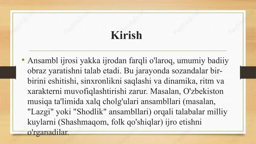 uvlar va qatlamli ijro orqali mahorat rivojlantirilgan. ijro dasturini tayyorlash ijro dasturini tayyorlash – ansambl ijrosining asosiy qismi bo'lib, u talabalar qobiliyati va maqsadlarga mos ravishda tuziladi. quyidagi bosqichlar asosida amalga oshiriladi: asarlarni tanlash: dastur rang-barang bo'lishi kerak – turli xarakter va murakkablikdagi asarlar (masalan, o'zbek folk kuylari: "chorgoh", "bayot"; xorijiy asarlar: "sirtaki" yoki "barkarolla"). mezonlar: talabalar xohishi, mahorat darajasi va badiiy qiymati. haddan tashqari murakkab asarlar motivatsiyani pasaytirishi mumkin. ijro dasturini tayyorlash tayyorgarlik jarayoni: asarni tahlil qilish (muallif, mazmun, tonallik), mustaqil mashqlar berish va jamoaviy repetitsiyalar o'tkazish. murakkab qismlarni alohida ishlash, dinamika va tempo (allegro, adagio) ni muvofiqlashtirish. doyra sinfida texnologik xaritalar (loyihalash bosqichlari: maqsad, mazmun, usullar, nazorat) qo'llaniladi. repetitsiya va baholash: jamoaviy mashqlar dirijyor rahbarligida o'tkaziladi. yozuvlarni qayta tinglash orqali xatolarni tuzatish va balansni ta'minlash. onlayn vositalar (microsoft teams) orqali qatlamli yozuvlar yaratish tavsiya etiladi xulosa ansambl sinfi mahorati va ijro dasturini tayyorlash musiqa ta'limining muhim qismi bo'lib, …
