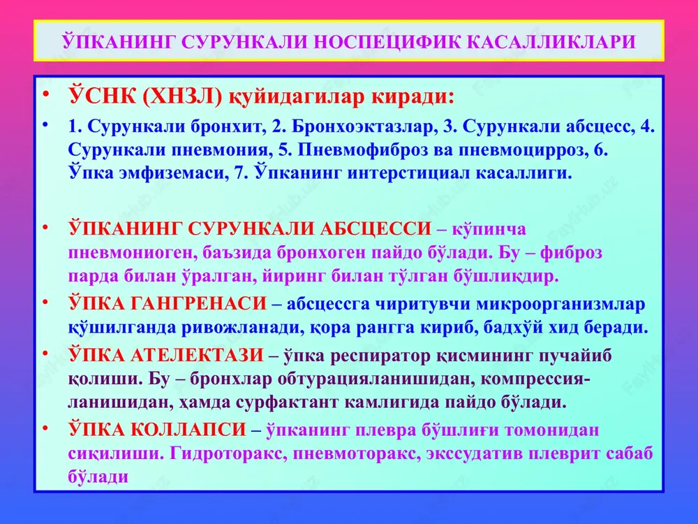 ng tsilindr va xaltasimon kengayishi. tug'ma va orttirilgan ko'rinishlarda uchraydi. tug'masi bronxlar daraxti rivojlanishi buzilganda kuzatiladi. orttirilgani: bronxitogen va pnevmoniogen kelib chiqadi. makro-: o'pkaning kesimida bronxlar har xil kattalikda kengaygan, deformatsiyalangan, atrofida biriktiruvchi to'qima o'sgan. mikro-: shilliq pardasi atrofiyalangan, qoplovchi prizmatik epiteliysi ko'p qavatli yassi epiteliyga metaplaziyalangan. bronxoektatik kasallik, bu – bronxoektaziyalarda yiring to'planishi, ichki a'zolarda amiloidoz rivojlanishi, oyoq va qo'l barmoqlari uchining kengayishi hisoblanadi. bronxlar deformatsiyalanib, tsilindr va xaltasimon kengaygan bronxlar shilliq pardasi qalin-lashgan, poliplari bor, devorida yallig'lanish infil-trati va skleroz mavjud bronxoektaziyalar emfizema emfizema, bu – o'pkada xavo to'planib, pufakchalar paydo qilishi, deformatsiyalanib, o'lchamlarining kattalashishi. turlari: 1) surunkali diffuz obstruktiv; 2) surunkali o'choqli, 3) kompensator, 4) birlamchi idiopatik, 5) qarilik, 6)interstitsial. makro-: o'pka keskin kattalashgan, xavo bilan to'lib, shishirgan ko'rinishda, oqargan, yumshagan, g'irchillab kesiladi. mikro-: o'pkaning respirator qismi atsinuslari kengayib, devori yupqalashgan, alveola yo'llari kengaygan. alveolalar devori yupqalashgan, taranglashgan, tomirlari torayib sklerozlangan. emfizema uzoq vaqt davom etishida kichik …