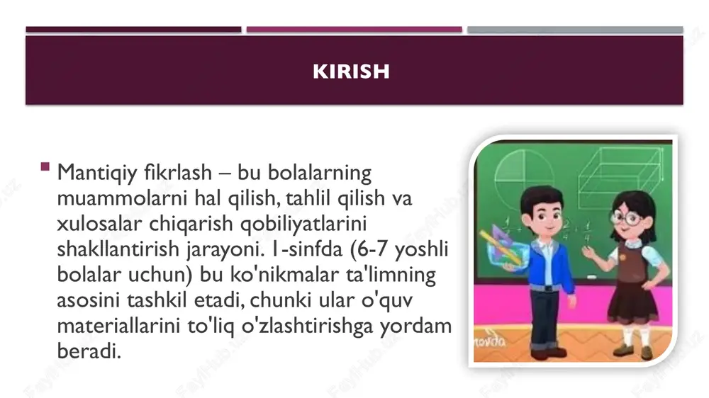 isoblang 1-sinf uchun mashqlar misollari "tasnif" o'yini (grouping) rasmli jadval beriladi (masalan, qushlar, hayvonlar, hasharotlar). - misol: 1-qator: chumchuq, kaptar, hakka (qushlar); 2-qator: bo'ri, asalari, tulki. savollar: umumiy nom? nechta qush? hammasi uchadi, lekin nima bilan farq qiladi? - bu tasniflash va umumlashtirishni o'rgatadi. 1-sinf uchun mashqlar misollari topishmoqlar va jumboqlar (riddles) oddiy topishmoqlar bolalarning mantiqini ishlatadi. - misol: "u ovqatni yaxshi ko'radi, lekin suv uni o'ldiradi. bu nima?" (javob: olov). - yana biri: "fermerning 19 ta qo'yi bor. bo'ron kelib, 7 tasidan boshqasi qochib ketadi. necha qo'y qoldi?" (javob: 7 ta). sonlarni toping 1-sinf uchun mashqlar misollari "bo'g'in" o'yini (syllable puzzle) so'zlardan bo'g'inlarni olib yangi so'z hosil qilish. - misol: bekat, dala, navo → bedana (birinchi bo'g'inlar). - bu tahlil va sintezni rivojlantiradi. 1-sinf uchun mashqlar misollari sudoku va naqshlarni to'ldirish (sudoku and patterns) oddiy 4x4 jadvalda shakllarni joylashtirish, har qator va ustunda takrorlanmasligi kerak. - misol: shakllar ketma-ketligini …
