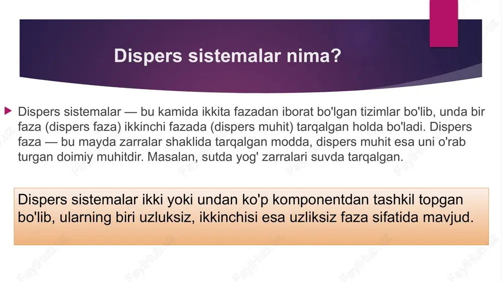 kondensatsiya usuli: kichik zarralarni (molekulalar yoki ionlar) yig'ib, katta zarralarga aylantirish. masalan, kimyoviy reaktsiyalar (reduksiya, gidroliz) yoki fizik usullar dispers sistemalarning xossalari tyndall effekti: kolloid zarralari yorug'likni sochib, yo'lni ko'rinadigan qiladi. bu haqiqiy eritmalarda bo'lmaydi. braun harakati: zarralar doimiy ravishda tasodifiy harakatda bo'ladi, bu ularning cho'kmasligini ta'minlaydi koagulyatsiya: kolloidlarning barqarorligini buzish, masalan, elektrolit qo'shish orqali zarralar yopishib, cho'kadi. kolligativ xossalar: osmotik bosim, bug' bosimi pasayishi kabi, lekin kolloidlarda bu xossalar zaifroq. misollar va qo'llanishlari - kundalik hayotda: sut (emulsiya), tuman (aerosol), loyli suv (suspensiya). - tibbiyotda: dori vositalari (kolloidal eritmalar), vaktsinalar. - sanoatda: bo'yoqlar, lateks, keramika ishlab chiqarish. - atrof-muhitda: tutun va changni tozalash texnologiyalari. dispers sistemalar nanotexnologiyalarda ham muhim, chunki nanohajmdagi zarralar maxsus xossalarga ega. eʼtiboringiz uchun rahmat! image1.jpeg image2.jpeg image3.jpeg image4.jpeg image5.jpeg image6.jpeg image7.jpeg image8.jpeg image9.jpeg /docprops/thumbnail.jpeg