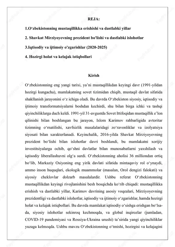 st-sovet mamlakatlarining umumiy tendensiyalarini aks ettiradi. oʻzbekistonning mustaqillikka erishishi va dastlabki yillar (1991-2000) oʻzbekiston 1991-yil 31-avgustda sovet ittifoqidan mustaqilligini eʻlon qildi, bu voqea sssrning parchalanishining soʻnggi oylarida, xususan, moskva qoʻzgʻolonidan keyin yuz berdi. oʻzbekiston ssr oliy soveti favqulodda sessiyasida mustaqillik deklaratsiyasi va "davlat mustaqilligi asoslari toʻgʻrisida"gi qonun qabul qilindi, bu jarayonda oʻzbekiston kommunistik partiyasi rahbari islom karimov rahbarlik qildi. 1991-yil 1-sentabr kuni mustaqillik kuni sifatida belgilandi va har yili milliy bayram sifatida nishonlanadi. dekabr oyida oʻtkazilgan referendumda mustaqillik 98,2% ovoz bilan tasdiqlandi, shu bilan birga islom karimov respublikaning birinchi prezidenti etib saylandi, u 1989-yildan beri partiya rahbari boʻlib, etnik mojarolar fonida tayinlangan edi. mustaqillikdan keyin oʻzbekiston mustaqil davlatlar hamjamiyati (mdh)ga qoʻshildi va sobiq ittifoq respublikalari bilan sssr merosini hal qilish boʻyicha shartnomalar imzoladi yangi davlat institutlari tashkil etildi: mudofaa vazirligi va milliy xavfsizlik xizmati 1991-yil sentabrda yaratildi, shuningdek, yangi konstitutsiya, valyuta (soʻm), milliy madhiya va bayroq kabi suverenitet ramzlari qabul …