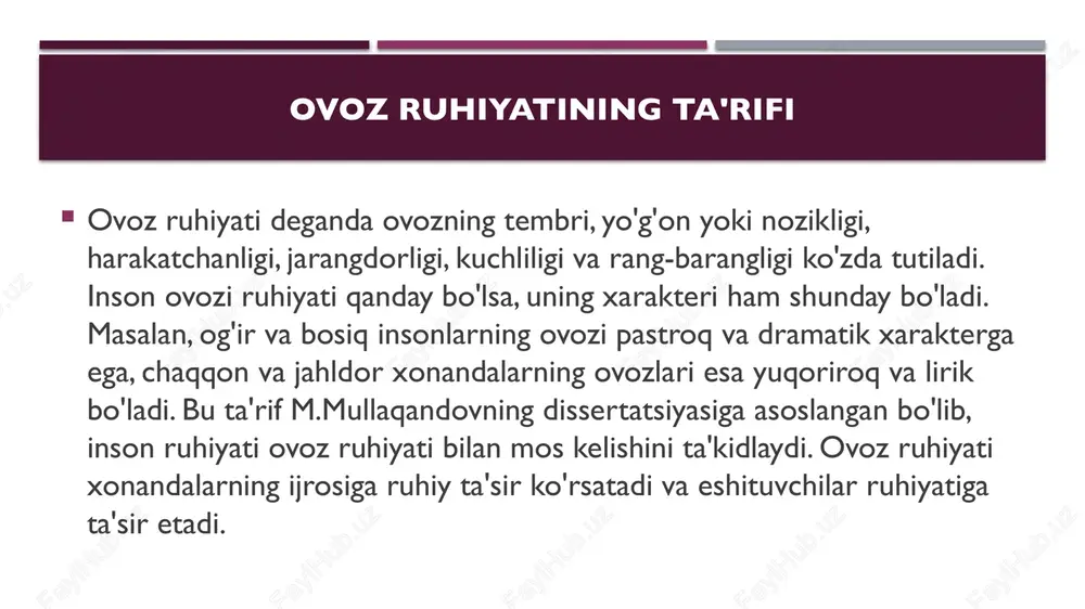 nch va kayfiyatning roli ishonch ovoz ijrosiga katta ta'sir ko'rsatadi. sahna qo'rquvi (perfomansiya tashvishi) ovoz bog'lanishiga, nafas nazoratini buzilishiga va notalarning beqarorligiga olib keladi. aksincha, ishonch yaxshi holat, nafas nazorati, ovoz proyeksiyasi va emotsional ifodani ta'minlaydi. bu ijobiy tsikl yaratadi: muvaffaqiyatli ijrolar tashvishni kamaytiradi va ovoz sifatini yaxshilaydi. o'z-o'zini tanqid qilish taranglikni oshirsa, ijobiy o'z-o'ziga gapirish va vizualizatsiya chidamlilikni oshiradi. nafas va relaksatsiya texnikalari, shuningdek, doimiy mashqlar emotsional javoblarni boshqarishga yordam beradi. an'anaviy xonandalikda ovoz ruhiyati o'zbek an'anaviy xonandaligida (maqom, ashula) ovoz ruhiyati muhim. xonanda – sog'lom, ruhiyati tetik, asablari baquvvat bo'lishi kerak. ovoz sozlashda an'anaviy usullar (ustoz-shogird) va zamonaviy mashqlar (yevropa vokal texnikalari) qo'llaniladi, ammo milliy ohang saqlanadi. ovoz turlari tembr, ko'lam va jarang bo'yicha aniqlanadi, ruhiy holat esa ovozning hissiyotlarga boyligini belgilaydi. fizik jihatlar (og'iz, burun tuzilishi) va akustik parametrlar (rezonatorlar) ovoz ruhiyatini shakllantiradi, masalan, bosh va ko'krak rezonatorlari ovozning sof va jozibali bo'lishini ta'minlaydi. xulosa xonanda ovozlarining …