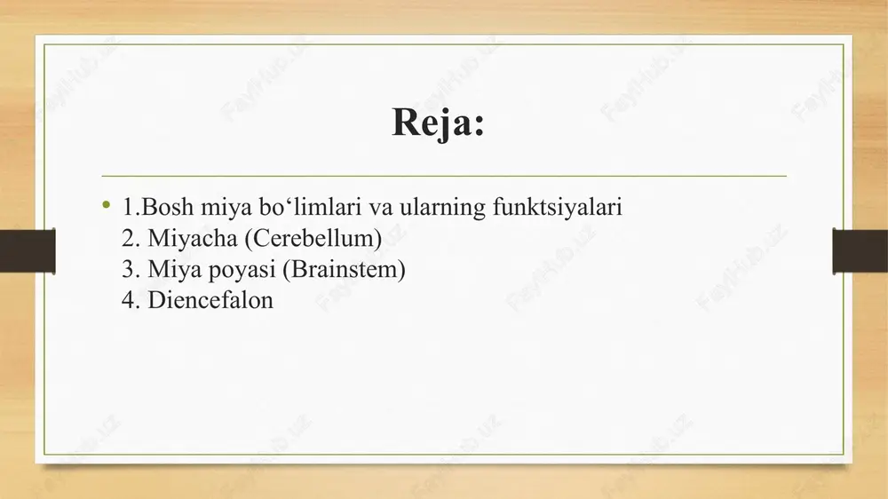 iy fikrlashga, oʻng yarimshar esa ijodkorlik va fazoviy tushunishga ixtisoslashgan. miyacha kichik miya bosh miyaning orqa qismida joylashgan boʻlib, u harakatlarni muvofiqlashtirish va muvozanatni saqlash uchun masʼul. bu boʻlim muskullar harakatini noziklashtiradi, masalan, yurish, yugurish yoki narsalarni ushlashda. shuningdek, u oʻrganish jarayonlarida, ayniqsa, protsedural xotirada (masalan, velosiped minish) rol oʻynaydi. kichik miya zararlanganda, odam muvozanatni yoʻqotishi yoki harakatlari nojoiz boʻlib qolishi mumkin. oʻrta miya oʻrta miya: koʻrish va eshitish reflekslarini muvofiqlashtiradi, shuningdek, harakatlarni boshqarishda ishtirok etadi. u dopamin ishlab chiqarishda muhim, bu esa motivatsiya va zavq bilan bogʻliq. miya koʻprigi va uzunchoq miya koʻprik (pons): uyqu va uygʻonish sikllarini tartibga soladi, shuningdek, nafas olish va yuz muskullari harakatini boshqaradi. uzuninchoq miya: yurak urishi, nafas olish va qon bosimini nazorat qiladi. bu boʻlim zararlanganda hayot xavf ostida qolishi mumkin, chunki u avtonom nerv sistemasi markazi hisoblanadi. diencefalon (thalamus va hypothalamus) diencefalon katta miya ostida joylashgan boʻlib, u thalamus va hypothalamusdan iborat. …