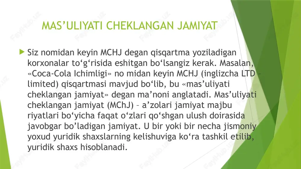 ulushning bir qismini yo‘qotishga to‘g‘ri keladi. bu esa ularning qiziqishlariga salbiy ta’sir ko‘rsatishi mumkin. muhim boshqaruv qarorlarini qabul qilishda barcha ishtirokchilarning roziligini olish sharti mazkur jarayonning cho‘zilib ketishiga olib kelishi mumkin. shuningdek, bu boradagi fikrlarning mos kelmasligi noto‘g‘ri qarorlar qabul qilinishi riskini vujudga keltiradi mas’uliyati cheklangan jamiyat ishtirokchilari o‘zlari olgan dividend dan 10 foiz hajmida soliq to‘laydilar. misol. «samar-sumbula» mchjning 2017-yil yakunlari bo‘yicha sof foydasi 47 million so‘mni tashkil etdi. jamiyat 4 ta ta’sischi tomonidan tashkil qilingan bo‘lib, ularning ustav fondidagi ulushlari quyidagicha: – birinchi ta’sischi – 45%;– ikkinchi ta’sischi – 25%;– uchinchi ta’sischi – 18%;– to‘rtinchi ta’sischi – 12%. ushbu holatda sof foyda jamiyat ta’sischilari o‘rtasida quyidagicha taqsimlanadi: – birinchi ta’sischi – 47000000 × 45% = 21 150 000 so‘m; – ikkinchi ta’sischi – 47000000 × 25% = 11 750 000 so‘m – uchinchi ta’sischi – 47000000 × 18% = 8 460 000 (soliq summasi 8 460 000 × …