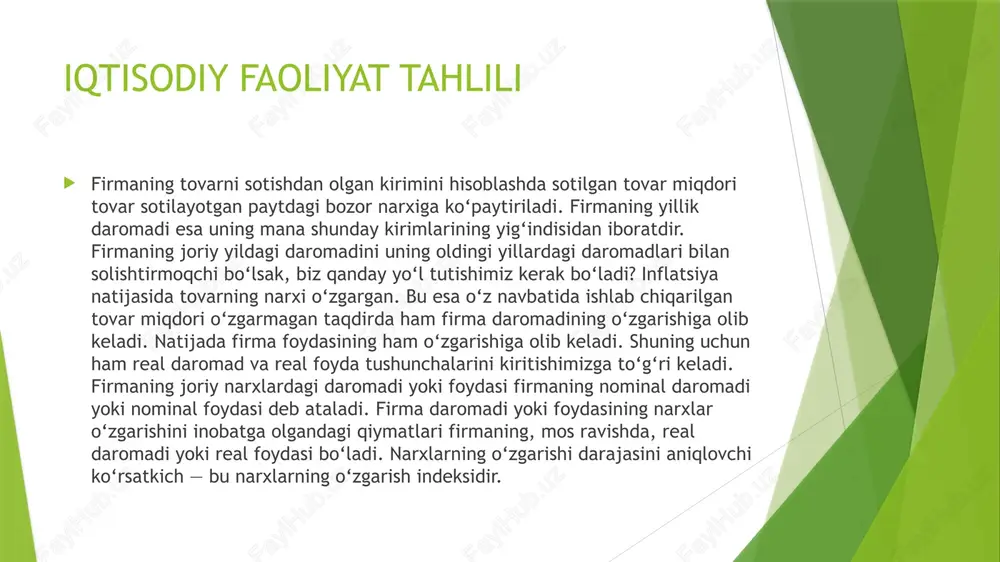 nisbatan xarid qilish quvvati. firmaning ma’lum muddatdagi iqtisodiy faoliyatining natijalari uning foyda va zarari haqidagi hisobotida o‘z aksini topadi. ko r xona i shlab chiqa ri sh faoli ya tining rivojlani shida a ylanma mablag‘larning bir maromda aylanib turishi muhim ahamiyatga ega. bu mahsulotni ishlab chiqarishdan tortib, uni sotishgacha bo‘lgan jarayonni oqilona boshqarishni taqozo etadi. aylanma mablag‘ miqdorining kamayib ketishi ishlab chiqarish hajmining kamayib ketishiga olib keladi. aylanma mablag‘ qancha tez aylansa, korxona shuncha ko‘p foyda ko‘radi e’tiboringiz uchun rahmat! image1.png image2.png image3.png image4.png /docprops/thumbnail.jpeg