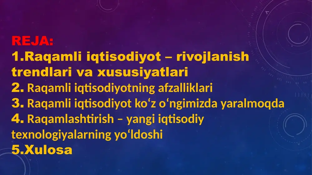 xsiy va ijtimoiy) birlashtiradi. raqamli iqtisodiyotning samaradorligiga nafaqat axborot texnologiyalarining qamrovi va infratuzilmaning mavjudligi, balki ishbilarmonlik muhiti, inson kapitali va muvaffaqiyatli boshqaruv instrumentlari kabi standart iqtisodiy mezonlar ham ta'sir ko‘rsatadi. binobarin, iqtisodiy taraqqiyot aynan ularga tayanadi, bu esa ushbu mezonlarning raqamli iqtisodiyot rivojlanishida avvalgiday muhim o‘rin tutishini bildiradi. hozir butun dunyo bo‘ylab yangi servislar va biznes modellarni yaratish uchun it instrumentlardan foydalanadigan eski va yangi kompaniyalar aksariyat sohalarda yetakchi bo‘lgan kompaniyalarga kuchli raqobat tug‘dirmoqda. raqamli iqtisodiyot ko‘z o‘ngimizda yaralmoqda prognozlarga ko‘ra, yaqin yillarda makroiqtisodiyot «lean production», addiktiv, nano va biotexnologiya mezonlariga tayanadigan ishlab chiqaruvchilarga qattiq bog‘liq bo‘lishi kutilmoqda. shu munosabat bilan oqilona boshqaruv uchun zarur hisoblangan axborot ko‘lami ham ortib boradi, ishlab chiqarish va fuqarolar muloqoti, biznes va davlat organlarini boshqarish tuzilmasi esa jiddiy o‘zgarishlarni boshdan kechiradi. texnologik raqamli muhit – bu yuridik va jismoniy shaxslar hamkorlikdagi faoliyat uchun butunlay yangi muloqotni yo‘lga qo‘yadigan «akvarium» hisoblanadi. axborot texnologiyalari korxonalarga butunlay …