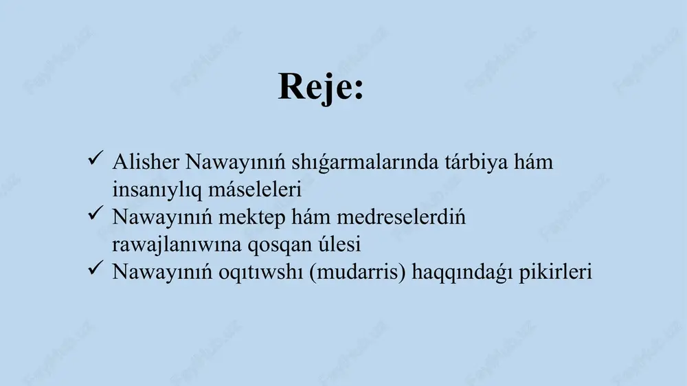 bolsa óziniń kúshli tásirin kórsetken. aliysher nawayı túrk dúnyası ádebiyatınıń eń belgili wákili bolıp esaplanadı. nawayı dóretiwshiligi túrkiy ádebiyattıń eń biyik shıńı bolıp esaplanadı. sebebi hesh kim oǵan shekem bul tilde bunshelli kóp hám jaqsı (babur) jazbaǵan edi. nawayı barlıq xalıqlardıń eń ullı shayırı. sebebi ol ózin “qıtaydan xorasanga shekem” jayılgan túrkiy qáwimlerdiń óz shayırı, dep bildi. olardı bir ádebiy til bayraǵı astında birlestirdi, “jalǵız qálem” etti. nawayı shıǵarmalarınıń ulıwmainsanıylıq ideyası - insanıylıq, xalıqshıllıq, ádillik, doslıq, tınıshlıq, mehir hám sadıqlıq, pák muhabbat hám opadarlıq, aǵartıwshılıq sıyaqlı gózzal sezimlerdi joqarı kórkem formada sáwlelendiriw arqalı ózbek ádebiyatınıń dańqın dúnya kólemine alıp shıqtı. ullı alım, shayır aliysher nawayı ulıwma insanıylıq tárbiya tarawında bir pútin shıǵarma jaratpaǵan bolsa da, óziniń bul haqqındaǵı pikirlerin túrli ilimiy hám ádebiy shıǵarmalarında bildirgen. aliysher nawayı óziniń ulıwma insanıylıq tárbiya haqqındaǵı pikirlerin kórkem shıǵarmalarında bárkamal insan obrazin jaratıw jolı menen bayan etti. alisher nawayınıń ilim-aǵartıwshılıq, tálim-tárbiya máselelerindegi pikirlerinde insanıylıq …
