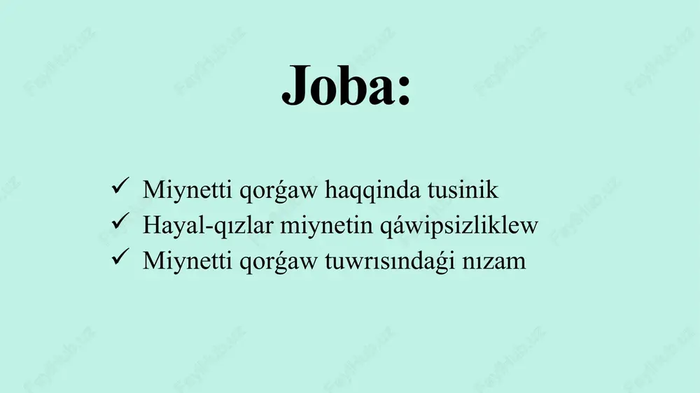bi topar shártnamasında, eger ol strukturaǵan bolsa, kásiplik awqamı komiteti menen shártlesiwge kóre jumıs beretuǵın tárepinen belgilenedi. miynetti qorǵawǵa tiyisli ilajlardı ótkeriw ushın jumıs beretuǵın miynetti qorǵaw fondın shólkemlestiriwge haqılı. xızmetkerler miynetti qorǵawǵa tiyisli ilajlar ótkeriliwi qatnası menen shıǵındar bolmaydı. miynet toparları, kásiplik awqamı komitetleri miynetti qorǵawǵa tiyisli ilajlardı ótkeriw ushın ajıratılǵan aqshalar hám materiallardan paydalanilishini qadaǵalaw etedi. ózbekstan respublikasınıń 1993-jıl 6 -mayda qabıl etilgen “miynetti qorǵaw tuwrısında”ǵi nızamı 4-statyasında miynetti qorǵaw tarawindaǵı ózbekstan respublikası mámleket siyasatı tiykarları aytılǵan bolıp, kárxananıń islep shıǵarıw nátiyjelerine salıstırǵanda xızmetkerdiń turmısı hám sawliǵi ústin turatuǵınliǵi bul siyasattiń bas qaǵıydalarınan birin quraydı. miynet qatnasıqlarında salamat miynet ortalıǵın támiyinlew maqsetinde jumıs beriwshi miynet shártnamasın dúziw waqtında hám jumıs waqtında waqtı-waqtı menen óz miynet jámáátine medicinalıq tekseriwdi shólkemlestirip turıwı kerek. sonday-aq, birinshi bolıp tómendegiler: hayallar menen miynet qatnasıqları dawam etpekte ótkerilip atırǵan dáwirde olardı basqa jumısqa kóshiriw ulıwma tiykarda ámelge asırıladı. sonıń menen birge, miynet kodeksiniń 394-395-statyalarına …