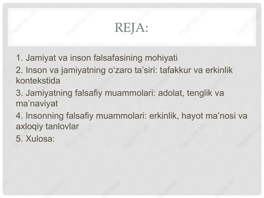 ladi. jamiyat shuningdek, shaxsning erkinlik darajasini belgilaydi — ijtimoiy normalar va qonunlar orqali. erkinlik va majburiyat muammosi falsafada erkinlik tushunchasi markaziy o‘rin tutadi. f. schiller va j.-j. russo kabi faylasuflar insonning tabiiy erkinligi va ijtimoiy majburiyatlari o‘rtasidagi muvozanatni izlagan. erkinlikdan maqsad — shaxsning o‘z irodasi bilan harakat qilish huquqi, biroq bu erkinlik jamiyat manfaatlariga mos bo‘lishi kerak. 3. jamiyatning falsafiy muammolari: adolat, tenglik va ma’naviyat axloqiy muammolar va adolat adolat — jamiyatda tinchlik va barqarorlik asosidir. aristotel adolatni “har kimga o‘z haqqini berish” deb ta’riflagan. bugungi kunda, ijtimoiy adolat tenglik va imkoniyatlarni teng taqsimlash, inson huquqlarining himoyasi sifatida qaralmoqda. masalan, shariat, konstitutsiya va xalqaro inson huquqlari qonunlari adolatni ta’minlashga qaratilgan. ijtimoiy tenglik va qatlamlar jamiyatda resurslar taqsimoti muammosi mavjud. karl marks ijtimoiy sinflar ziddiyatini tahlil qilgan, bu esa jamiyatda adolatsizlik va tengsizlikka olib keladi. bugungi kunda bu muammo kambag‘allik, ta’lim va sog‘liqni saqlash sohalarida yaqqol ko‘rinadi. ijtimoiy qatlamlar va ularning …