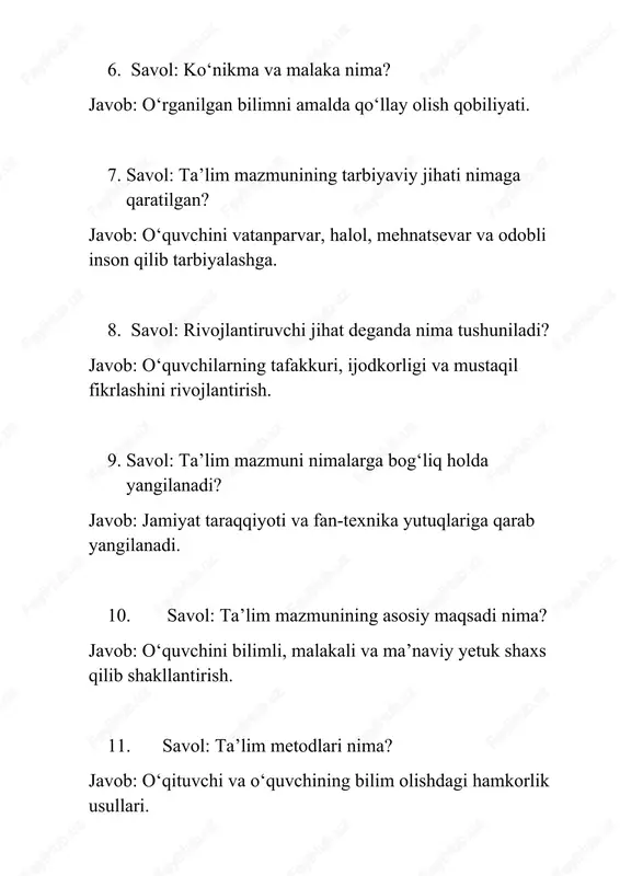 ? javob: nazariy bilimlarni amalda qo‘llashni o‘rgatish. 16. savol: mustaqil ishlash metodi o‘quvchiga nima beradi? javob: mustaqil fikrlash va izlanish ko‘nikmasini. 17. savol: muammoli o‘qitish metodining mohiyati nima? javob: o‘qituvchi muammo qo‘yadi, o‘quvchi yechim topadi. 18. savol: interaktiv metodlarga misol keltir. javob: “aqliy hujum”, “sinkveyn”, “klaster”, guruhli ish. 19. savol: metod tanlashda nimalar hisobga olinadi? javob: mavzu murakkabligi, o‘quvchilar yoshi va dars maqsadi. 20. savol: ta’lim metodlarining asosiy vazifasi nima? javob: bilimni samarali o‘rganish va o‘quvchini faollikka undash. 21. savol: ta’lim vositalari nima? javob: darsda foydalaniladigan material va texnik manbalar. 22. savol: ta’lim vositalariga nimalar kiradi? javob: darslik, qo‘llanma, ko‘rgazmali qurol, texnik vositalar, it texnologiyalar. 23. savol: texnik vositalarga misol keltir. javob: kompyuter, proyektor, interaktiv doska, audio-video asboblar. 24. savol: ta’lim vositalarining ahamiyati nimada? javob: darsni qiziqarli, tushunarli va samarali qiladi. 25. savol: tabiiy vositalarga nimalar kiradi? javob: o‘simliklar, hayvonlar, minerallar va tajriba asboblari. 26. savol: dars nima? javob: o‘qituvchi …