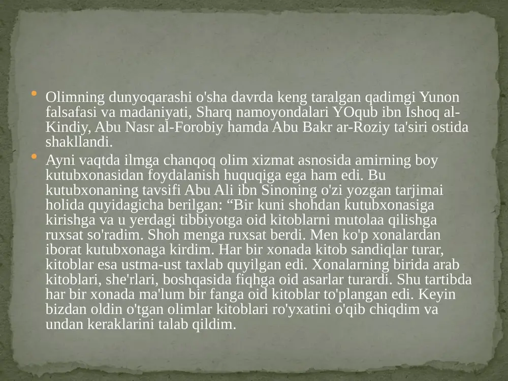 xorazmiy” ismi bilan ham tanilgan. o'z xizmat vazifalari yuzasidan somoniylar poytaxti buxoroga tez-tez borib turgan va u yerda ko'pgina allomalar bilan hamsuhbat bo'lgan bo'lsa ajab emas. abu abdulloh al-xorazmiy 997 yilda vafot etgan. muhammad ibn muso al-xorazmiy muhammad ibn muso al-xorazmiy jahon madaniyati taraqqiyotiga g’oyat katta hissa qo’shgan, fanning bir necha tarmoqlariga asos solgan buyuk qomusiy olimdir. al-xorazmiy algebra fanining asoschisi. uning “al-kitob al muxtasar fi hisob al-jabr va al muqobala” asaridagi “al-jabr” so’zi lotincha transkripsiyada “algebra” ni anglatib, al-xorazmiy asos solgan yangi fanning nomidir. muhammad ibn muso al-xorazmiy (taxminan 783- 850-yillar) asli xiva shahridan bo'iib, matematika. astronomiya, geografiya va boshqa fanlar sohasida barakali ijod qildi hamda "aljabr" (algebra) fani va "algoritm" tushunchasiga asos soldi. "algebra* so'zining o'zi esa uning "kitab al-jabr val-muqobala" (tiklash va qiyoslash kitobi) degan risolasi nomidan olingan. uning arifmetikaga oid risolasi hind raqamlariga asoslangan bo'iib, hozirgi kunda biz foydalanadigan o'nlik pozitsion hisoblash tizimi va shu tizimdagi …