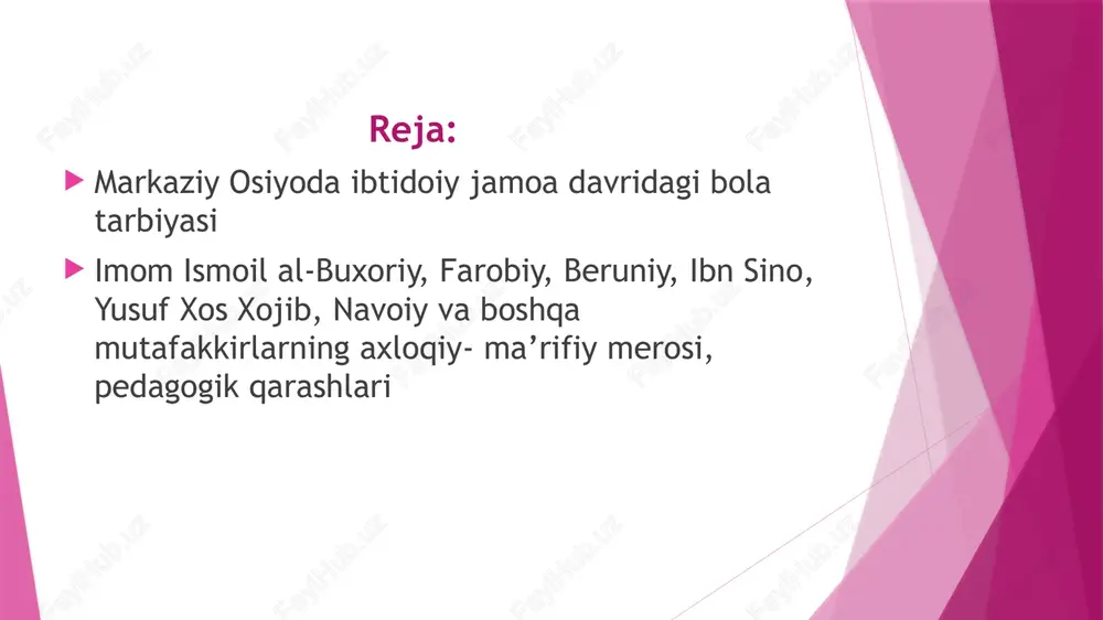 larning tasnifi” , “ falsafani o’zganishdan oldin nimani bilish kerakligi to’g’risida” , “ilmlar va sanatlar fazilati” kabi ko’plab risolalarida insonning ma’naviy rivojlanishi ilm ma’rifatga bog’liqligini ta’kidlaydi. abu rayhon beruniy bilim umuminsoniy qadiryatlarni o’rganishning kaliti ekanligini alohida ta’kidlaydi. ilm- ma’rifatli odam jamiyat taqdiri, insonlar taqdiri uchun kurashuvchan, kurashuvchan, barcha yomonliklardan uzoqdir. “ilmning foydasi ochko’zlik bilan oltin- kumush to’plash uchun bo’lmay, balki u orqali inson uchun zarur narsalarga ega bo’lishdir” . umuman, abu rayhon beruniy ilm- fanning buyuk homiysi va muxlisi sifatida mamlakatning obodonchiligi ilm- fanning gullashida, odamning baxti esa uning bilim va ma’rifatida deb bildi. yaratgan asarlarida u ta’lim- tarbiyaga doir she’r va hikmatlardan misollar keltirib, ular orqali har bir inson o’z qalbining farmoyishiga ko’ra xayr- ergulikka intilishi, sun’iy obro’, shuhrat qozonish uchun muruvvat va sharofat ko’rsatmasligi kerakligni ta’kidlaydi yusuf xos hojibning “qutadg’u bilig” asarida aqliy , axloqiy , mehnat, jismoniy va nafosat tarbiyasiga doir fikrlari katta tarbiyaviy ahamiyatga egadir. u …
