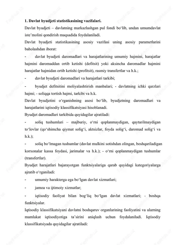 italni va zahiralarni hosil qilish uchun tovarlar sotib olish, erni va nomaterial aktivlarni, kapital transfertlarni sotib olish va h.k.). byudjetni bajarilish darajasini tahlili umumiy daromadlar va harajatlar bo‘yicha rejani bajarish darajasini ifodalovchi nisbiy ko‘rsatkichni hisoblashdan, shuningdek ularning turlari va maqsadli foydalanish yo‘nalishlari bo‘yicha amalga oshiriladi. davlatning aralashuvi natijasida amalga oshirilgan qayta taqsimlash jarayonlarining hajmini byudjetning daromad qismini yalpi ichki mahsulotga nisbati ifodalaydi. byudjetning daromadlari va harajatlarini statistik o‘rganish dinamika qarorlari asosida amalga oshiriladi. rejadan farq qilishga sabab bo‘lgan omillarni statistik baholaydi. jumladan, soliq tushumlariga ta’sir qiluvchi asosiy omillar bo‘lib quyidagilar hisoblanadi: - soliq bazasining o‘zgarishi; - soliq stavkasining o‘zgarishi. soliq bazasi o‘zgarishining soliqni absolyut o‘sishiga ta’sirini quyidagi formula bo‘yicha aniqlash mumkin: us= s1i x k0i -  s0i x koi soliq hajmini absolyut o‘sishi quyidagicha aniqlanadi: uk= s1i x k1i -  s1i x koi; bunda, s1i s0i – i ko‘rsatkich bo‘yicha bazis va joriy davrdagi soliq bazasi hajmi; k1i …