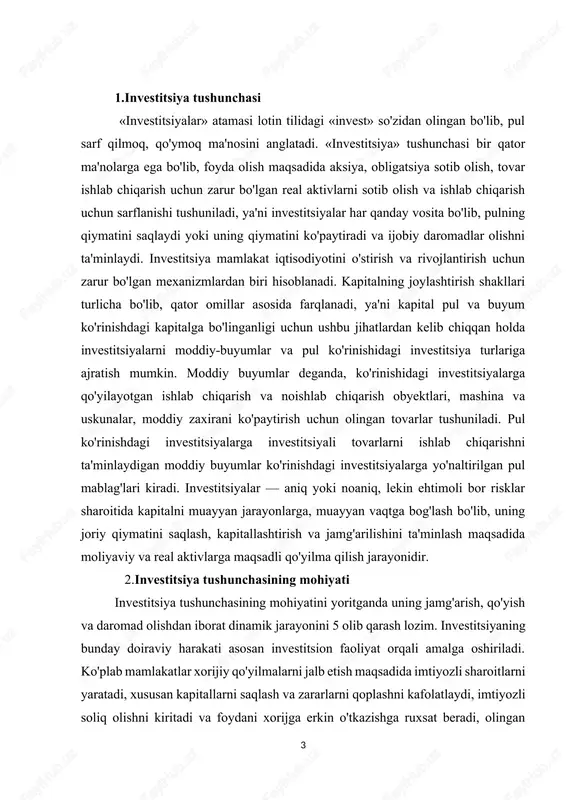 a real aktivlarga maqsadli qo'yilma qilish jarayonidir. 2.investitsiya tushunchasining mohiyati investitsiya tushunchasining mohiyatini yoritganda uning jamg'arish, qo'yish va daromad olishdan iborat dinamik jarayonini 5 olib qarash lozim. investitsiyaning bunday doiraviy harakati asosan investitsion faoliyat orqali amalga oshiriladi. ko'plab mamlakatlar xorijiy qo'yilmalarni jalb etish maqsadida imtiyozli sharoitlarni yaratadi, xususan kapitallarni saqlash va zararlarni qoplashni kafolatlaydi, imtiyozli soliq olishni kiritadi va foydani xorijga erkin o'tkazishga ruxsat beradi, olingan daromadlar va boshqalarni qayta investitsiyalashga sharoitlar yaratadi. investitsiyaning milliy daromaddagi hissasi investitsiya me'yori deb ataladi. bu quyidagi formula asosida hisoblanadi: yals yaim = x 100 (1) yamd bunda, yatm — yalpi investitsiya me'yori; yals — yalpi investitsiya summasi; yamd — yalpi milliy daromad. moliyaviy resurslarning turlariga qarab investitsiyalar quyidagicha shakllarda bo'ladi: — shaxsiy mablag'lar, depozitlar, ulushlar, aksiyalar, obligatsiyalar va boshqa qimmatbaho qog'ozlar; — harakatdagi (asbob-uskunalar va boshqa moddiy boyliklar) va ko'chmas (binolar, inshootlar, kommunikatsiya va boshqa boyliklar) mol-mulklar; — mualliflik huquqlar, nou xau va …