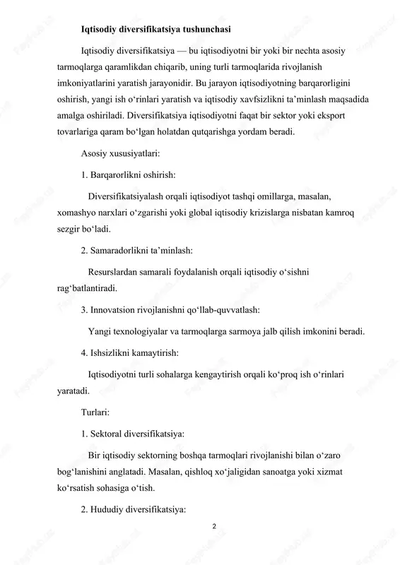 o narxlari yoki eksport bozorlariga bog‘liqlikni kamaytirish. - iqtisodiyotni zamonaviy texnologiyalarga asoslangan rivojlanish modeli tomon yo‘naltirish. - o‘zgaruvchan global bozorlarda raqobatbardoshlikni oshirish. misol sifatida: - saudiya arabistoni: neftga qaram iqtisodiyotni diversifikatsiya qilish maqsadida 2030 yilgacha "vision 2030" strategiyasini ishlab chiqdi. unda turizm, texnologiya va sanoat tarmoqlarini rivojlantirishga urg‘u berilgan. - o‘zbekiston: qishloq xo‘jaligiga qaramlikni kamaytirish va sanoat tarmoqlarini rivojlantirish orqali diversifikatsiyaga erishishni maqsad qilgan. davlatning iqtisodiy siyosati - bu davlat faoliyatining sohasi bo'lib, unda davlat hokimiyatining mafkuraviy, madaniy va ilmiy ta'minlanishi birlashtiriladi. bu davlat ichki va bilan bog'liq tashqi siyosat, davlat tamoyillari va harbiy siyosat bilan. iqtisodiy siyosat yaratishga yordam berish uchun ishlab chiqilgan iqtisodiy sharoitlar uchun davlat siyosati. iqtisodiy jarayonlarga va iqtisodiy rivojlanishga ta'sir qiladi. faoliyatning alohida turi sifatida iqtisodiy siyosat jamiyat, mamlakat, davlatning vazifalari, maqsad va manfaatlarini ifodalaydi. davlatning asosiy maqsadi jamiyat taraqqiyoti uchun ijtimoiy-iqtisodiy sharoitlarni yaratishdir. iqtisodiyotning barqarorligi barcha omillarning ta'siriga bog'liq: tarixiy, tabiiy, milliy, davlat. biroq, …