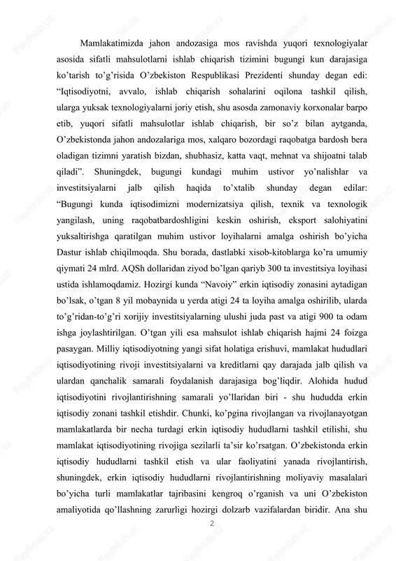ohida hudud iqtisodiyotini rivojlantirishning samarali yo’llaridan biri - shu hududda erkin iqtisodiy zonani tashkil etishdir. chunki, ko’pgina rivojlangan va rivojlanayotgan mamlakatlarda bir necha turdagi erkin iqtisodiy hududlarni tashkil etilishi, shu mamlakat iqtisodiyotining rivojiga sezilarli ta’sir ko’rsatgan. o’zbekistonda erkin iqtisodiy hududlarni tashkil etish va ular faoliyatini yanada rivojlantirish, shuningdek, erkin iqtisodiy hududlarni rivojlantirishning moliyaviy masalalari bo’yicha turli mamlakatlar tajribasini kengroq o’rganish va uni o’zbekiston amaliyotida qo’llashning zarurligi hozirgi dolzarb vazifalardan biridir. ana shu ma’noda tanlangan mazkur tadqiqot ish mavzusi hozirgi dolzarb mavzulardan biri hisoblanadi. mamlakatimizda erkin iqtisodiy zonalarni rivojlantirishning moliyaviy masalalarini xorij tajribasini samarali tashkil etishni o’rganish va erkin iqtisodiy hududlarni rivojlantirishning moliyaviy masalalarini samarali olib borishni istiqbollari hamda takomillashtirish predmeti bo`lib hisoblanadi. respublikamizda va rivojlangan mamlakatlarda erkin iqtisodiy hududlarni tashkil etish va rivojlantirish sohasidagi tajribalari ob'ekti bo`lib hisoblanadi. tadqiqot maqsadi va vazifalari. ishning maqsadi o’zbekistonda erkin iqtisodiy hududlarni tashkil etish faoliyatini o’rganish hamda uni rivojlantirishning moliyaviy holatini tahlil qilish hamda …