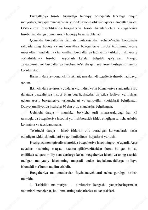 di nazorat qilishvazifasidan iborat bo‘lgan bo‘lsa, endilikda xalqaro milliy stan-dartlarga ko‘ra, buxgalteriya hisobi va uning asosida tuzilgan moliyaviy hisobotning maqsadi undan foydalanuvchilarga to‘liqva ishonchli ma’lumot taqdim etishdir. buxgalteriya ma’lumotlaridan foydalanuvchilarni uchta guruhga bo‘lish mumkin. 1. tashkilot ma’muriyati – direktorlar kengashi, yuqoriboshqarmalar xodimlari, menejerlar, bo‘linmalarning rahbarlariva mutaxassislari. 2. to‘g‘ridan to‘g‘ri moliyaviy qiziqish bilan ma’lumotlardanegri foydalanuvchilar, bugungi va potensial investorlar, bank-lar, asosiy mablag‘ va ishlab chiqarish zaxiralari bilan ta’min-lovchilar, boshqa kreditorlar. 3. ma’lumotlardan qisman moliyaviy qiziqish tufayli egrifoydalanuvchilar: soliq idoralari moliya muassasalari, o‘zbe-kiston respublikasi moliya vazirligining nazorat taftish boshqar-masi, auditorlik firmalari, davlat statistika qo‘mitasi, mahalliyhokimiyat idoralari va boshqa foydalanuvchilar. buxgalteriya hisobi quyidagi asosiy vazifalardan iborat: · buxgalteriya hisobi schyotlarida aktivlarning ahvoli vaharakati, mulkiy huquq va majburiyatlarning ahvoli haqida to‘liqva ishonchli ma’lumotlarni tuzish; · samarali boshqarish maqsadida buxgalteriya hisobidagima’lumotlarni umumlashtirish; · moliyaviy, soliq va boshqa hisoblarni tuzish. o‘zbekiston respublikasida ro‘yxatdan o‘tgan, xususiy shakldan qat’i nazar, yuridik shaxslar, davlat tashkilotlari va boshqar-malari, ularning respublikamizda …
