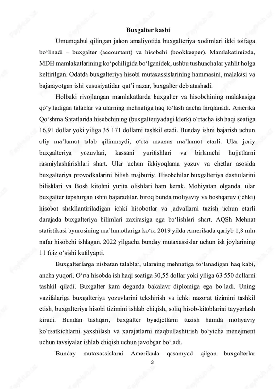 shi kutilyapti. buxgalterlarga nisbatan talablar, ularning mehnatiga to‘lanadigan haq kabi, ancha yuqori. o‘rta hisobda ish haqi soatiga 30,55 dollar yoki yiliga 63 550 dollarni tashkil qiladi. buxgalter kam deganda bakalavr diplomiga ega bo‘ladi. uning vazifalariga buxgalteriya yozuvlarini tekshirish va ichki nazorat tizimini tashkil etish, buxgalteriya hisobi tizimini ishlab chiqish, soliq hisob-kitoblarini tayyorlash kiradi. bundan tashqari, buxgalter byudjetlarni tuzish hamda moliyaviy ko‘rsatkichlarni yaxshilash va xarajatlarni maqbullashtirish bo‘yicha menejment uchun tavsiyalar ishlab chiqish uchun javobgar bo‘ladi. bunday mutaxassislarni amerikada qasamyod qilgan buxgalterlar (auditorlarga aynan o‘xshash malakaga ega bo‘lgan), boshqaruv buxgalterlari (rahbariyat uchun ichki hisobotlarni tayyorlashga ixtisoslashgan), byudjet tashkilotlarining ichki auditorlari va buxgalterlariga bo‘ladilar. qimmatli qog‘ozlar va fond birjalari bo‘yicha aqsh komissiyasiga (sec) taqdim etiladigan ommaviy kompaniyalar (ochiq turdagi aktsiyadorlik jamiyatlari)ning moliyaviy hisobotini tuzishga faqat qasamyod qilgan buxgalterlar haqlidir. ular amerika qasamyod qilgan buxgalterlar institutining litsenziya yoki sertifikatiga (sra) ega bo‘lishlari kerak. litsenziya oliy ma’lumot, ish staji bo‘lganda va malaka imtihonlari muavaffaqiyat bilan …