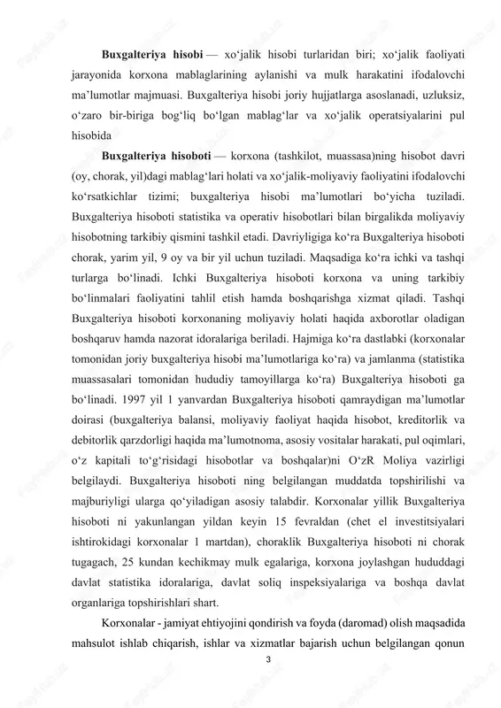o‘g‘risidagi hisobotlar va boshqalar)ni o‘zr moliya vazirligi belgilaydi. buxgalteriya hisoboti ning belgilangan muddatda topshirilishi va majburiyligi ularga qo‘yiladigan asosiy talabdir. korxonalar yillik buxgalteriya hisoboti ni yakunlangan yildan keyin 15 fevraldan (chet el investitsiyalari ishtirokidagi korxonalar 1 martdan), choraklik buxgalteriya hisoboti ni chorak tugagach, 25 kundan kechikmay mulk egalariga, korxona joylashgan hududdagi davlat statistika idoralariga, davlat soliq inspeksiyalariga va boshqa davlat organlariga topshirishlari shart. korxonalar - jamiyat ehtiyojini qondirish va foyda (daromad) olish maqsadida mahsulot ishlab chiqarish, ishlar va xizmatlar bajarish uchun belgilangan qonun asosida tashkil qilingan mustaqil xo'jalik yurituvchi subyekt bo'lib hisoblanadi. «q'zbekiston respublikasida korxonalar to'g'risida»gi qonunda korxonalarning tashkiliy huquqiy shakllari belgilab berilgan. ularning asosiylari davlat, fermer, xususiy, oilaviy, mahalla, to'liq shirkat, yopiq turdagi hissadorlik jarniyati, ochiq turdagi hissadorlik jamiyati, ijara, fermer (dehqon) xo'jaliklari va boshqalar hisoblanadi. bozor iqtisodiyoti sharoitida korxonada buxgalteriya hisobi ishlarini to'g'ri tashkil qilish g'oyat muhim ahamiyatga ega. korxona va tashkilotlarda buxgalteriya hisobi sodir bo'layotgan xo'jalik jarayoni …