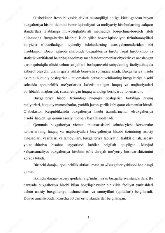 rlash kabilar belgilab qo‘yilgan. mavjud xalqaroamaliyot buxgalteriya hisobini to‘rt darajali me’yoriy boshqarishtizimini ko‘zda tutadi. birinchi daraja– qonunchilik aktlari, masalan «buxgalteriyahisobi haqida»gi qonun. ikkinchi daraja– asosiy qoidalar yig‘indisi, ya’ni buxgalteriya standartlari. bu darajada buxgalteriya hisobi bilan bog‘liqshaxslar bir xilda faoliyat yuritishlari uchun asosiy buxgalteriya tushunchalari va tamoyillari (qoidalari) belgilanadi. dunyo amalliyotida hozircha 30 dan ortiq standartlar belgilangan. uchinchi daraja - mamlakat bo‘yicha turli muassasalardagi har xil tarmoqlarda buxgalteriya hisobini yuritish borasida ishlab chiqilgan turlicha uslubiy ko‘rsatma va tavsiyanomalar. to‘rtinchi daraja - hisob ishlarini olib boradigan korxonalarda nashr etiladigan ichki ish hujjatlari va qo‘llaniladigan hujjatlarni yuritish. hozirgi zamon iqtisodiy sharoitida buxgalteriya hisobiningroli o‘zgardi. agar avvallari hisobning maqsadi nazorat qilishvazifasidan iborat bo‘lgan bo‘lsa, endilikda xalqaro milliy stan-dartlarga ko‘ra, buxgalteriya hisobi va uning asosida tuzilgan moliyaviy hisobotning maqsadi undan foydalanuvchilarga to‘liqva ishonchli ma’lumot taqdim etishdir. buxgalteriya ma’lumotlaridan foydalanuvchilarni uchta guruhga bo‘lish mumkin. 1. tashkilot ma’muriyati – direktorlar kengashi, yuqoriboshqarmalar xodimlari, menejerlar, bo‘linmalarning rahbarlariva mutaxassislari. …