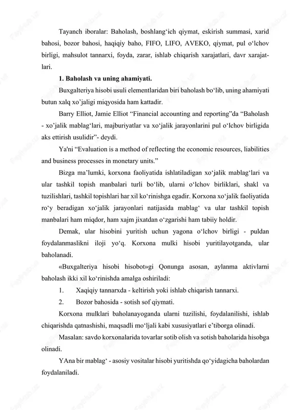 ona mulklari baholanayoganda ularni tuzilishi, foydalanilishi, ishlab chiqarishda qatnashishi, maqsadli mo‘ljali kabi xususiyatlari e’tiborga olinadi. masalan: savdo korxonalarida tovarlar sotib olish va sotish baholarida hisobga olinadi. yana bir mablag‘ - asosiy vositalar hisobi yuritishda qo‘yidagicha baholardan foydalaniladi. boshlangich qiymat - asosiy vositalarni xarid qilish, keltirish, tashish, o‘rnatish va umuman foydalanish holatiga keltirish bilan bog‘liq xarajatlar yigindisidan iborat. joriy qiymat - ma’lum bir muddatga amaldagi bozor baholariga moslashtirilgan asosiy vosita qiymati yoki manfaatdor tomonlar o‘rtasida almashiladigan asosiy vosita summasi. joriy qiymat asosiy vositalar qayta baholashishi natijasida vujudga keladi. 2. asosiy mablag‘larni baholash. asosiy vositalar qayta baholanishi esa ikki holat natijasida vujudga keladi: - hukumat qaroriga ko‘ra; - ta’sischilar qaroriga asosan. koldik qiymat - bu asosiy vositalarni boshlang‘ich yoki joriy qiymat bilan jamgarilgan amortizatsiya summasi farqidir. tugatish qiymati - asosiy vositani foydali foydalanish muddati oxirida tugatish natijasida vujudga kelishi mo‘ljallanayotgan qiymatdan, hisobdan chiqarish bo‘yicha kutilayogan xarajatlar ayirmasidir. amortizatsiya qilinadigan qiymat - bu …