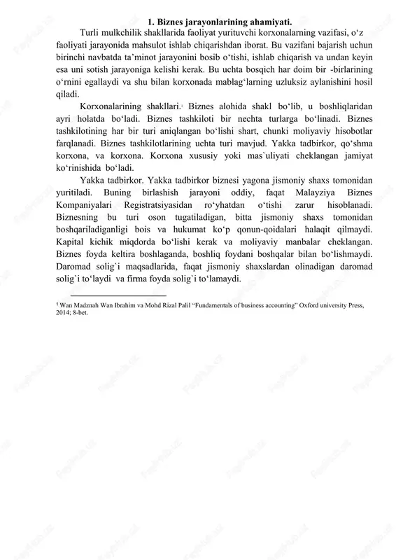 i to‘laydi va firma foyda solig`i to‘lamaydi. 1 wan madznah wan ibrahim va mohd rizal palil “fundamentals of business accounting” oxford university press, 2014; 8-bet. boshliq barcha amalga oshiriladian faoliyatdan xabardor bo‘ladi va buxgalteriya maqsadlarida ko‘p ma`lumotlar talab qilinmaydi. buxgalteriya ma`lumotlarini inland daromad boshqarmasi tomonidan soliq solish talablari amalga oshirilishini buxgalter tayyorlaydi. boshliq bankdan kredit olmoqchi bo‘lsa, korxona moliyaviy hisoboti taqdim etiladi. boshqa daromadni ko‘paytirishga qiziqadigan tashlikotlar moliyaviy hisobotlarni moliyaviy ahvolni yaxshilash va biznesni amalga oshirishni yaxshilaydi. hamkorlik.2 hamkorlik ikki yoki undan ko‘p jismoniy shaxslar biznesni birgalikda boshlashga rozi bo‘lishsa va daromad yoki xarajatni bo‘lishlikka rozi bo‘lganlaridagina tuziladi. ko‘p kapital ikkala tomondan birgalikda yig`iladi. ba`zida qo‘shma korxona naqd pul va aktivlar olib kelsa, biznes rivojlanadi, masalan, ikki advokat huquqiy korxona ochsa yoki uchta buxgalter auditorlik firmasini qo‘shma korxona tarzida ochsa bo‘ladi. hamkorlikda asosiy kelishuv 1961-yilda tuzilgan hamkorlik aktiga asosan tuziladi. hamkorlar aktga amal qilmasliklari ham mumkin va ular o‘z huquqlariga, …