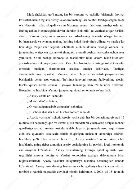 zoq vaqt ishtirok etib, o‘z qiymatini asta-sekin ishlab chiqarilgan mahsulot tannarxiga eskirish, hisoblash yo‘li bilan o‘tkazib boradi. „ asosiy vositalar“ schoti aktiv schot hisoblanib, uning debet tomonida asosiy vositalarning ko‘payishi, kredit tomonida esa ozayishi ko‘rsatiladi. asosiy vositalarning kirimga qabul qilinishi yoki tugatilishi maxsus komissiya a’zolari tomonidan tuzilgan dalolatnoma bilan hujjatlashtiriladi. asosiy vositalar buxgalteriya hisobida boshlang‘ich bahoda ko‘rsatiladi. asosiy vositalarning harakatini va buxgalteriya hisobida aks ettirish tartibini o‘rganish maqsadida quyidagi misolni keltiramiz. 1. 2003- yil 15- fevralda tuzilgan dalolatnomaga asosan korxonaga „ bahor“ sovitgichi qabul qilindi—150000 so‘m. bu misolimizga quyidagicha buxgalteriya yozuvi beriladi. debet — „ asosiy vositalar“ schoti—150000 so‘m. kredit „ kapital qo‘yilmalar“ schoti—150000 so‘m. m isolimiz schotlar chizmasida quyidagicha ko‘rsatiladi: dt 0800 dt 01000 boshlang‘ich boshlang‘ich qoldiq qoldiq 150000 150000 „ asosiy vositalar“ schoti bo‘yicha kirimga qabul qilingan va ishlab chiqarishda tugatilgan asosiy vositalar bu to‘g‘rida tuzilgan maxsus dalolatnomalar bilan rasmiylashtiriladi. buning uchun korxona rahbari tomonidan buyruq chiqariladi va …