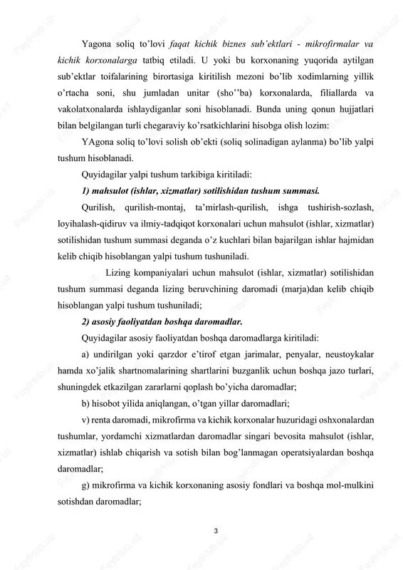 r singari bevosita mahsulot (ishlar, xizmatlar) ishlab chiqarish va sotish bilan bog’lanmagan operatsiyalardan boshqa daromadlar; g) mikrofirma va kichik korxonaning asosiy fondlari va boshqa mol-mulkini sotishdan daromadlar; d) kreditorlik va deponentlik qarzini qonun bilan belgilangan tartibda hisobdan chiqarishdan olingan daromadlar; e) tovar-moddiy boyliklarni qo’shimcha baholash. tovar-moddiy boyliklarni qo’shimcha baholash summasi mahsulot (ishlar, xizmatlar) sotilishiga qarab soliq solinadigan yalpi tushumga kiritiladi; j) tekin moliyaviy yordam, shu jumladan tekinga olingan mol-mulk; z) boshqa operatsion daromadlar; 3) moliyaviy faoliyatdan daromadlar. quyidagilar moliyaviy faoliyatdan daromadlar tarkibiga kiritiladi: a) olingan royalti va kapital transferti; b) o’zbekiston respublikasi hududi va undan tashqarida boshqa xo’jalik yurituvchi sub’ektlar faoliyatida ulushli ishtirok etishdan olingan daromadlar, aktsiyalar bo’yicha dividendlar hamda mikrofirma va kichik korxonaga tegishli bo’lgan obligatsiyalar va boshqa qimmatli qog’ozlar bo’yicha daromadlar; v) mol-mulkni uzoq muddatli ijara (lizing)ga berishdan daromad (marja); g) chet el valyutasidagi operatsiyalar bo’yicha kursdagi farqdan daromadlar. bunda balansning valyuta moddalarini qayta baholash chog’ida kursdagi farqdan …