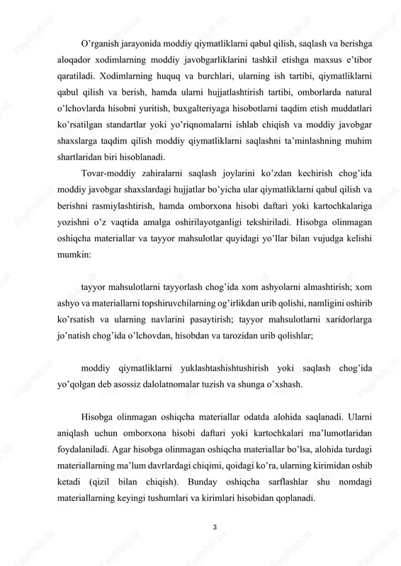 llarning ma’lum davrlardagi chiqimi, qoidagi ko’ra, ularning kirimidan oshib ketadi (qizil bilan chiqish). bunday oshiqcha sarflashlar shu nomdagi materiallarning keyingi tushumlari va kirimlari hisobidan qoplanadi. ombor xo’jaligini ko’zdan kechirish va moddiy qiymatliklar saqlanishining nazoratini hujjatlar asosida tekshirish bilan izchil amalga oshirish tovar-moddiy zahiralarning saqlanishi to’g’risida asoslangan xulosalar qilish va profilaktik tadbirlar ishlab chiqish imkonini beradi. tovar-moddiy zahiralarni auditorlik tekshiruvdan o’tkazish jarayonini ikki qismga bo’lish mumkin: 1. inventarizatsiya o’tkazish orqali ularning haqiqatda mavjudligini aniqlash; 2. moddiy qiymatliklarni hisob va hisobotda to’g’ri baholashni hamda aks ettirishni tekshirish. auditorlik amallari inventarizatsiyagacha, inventarizatsiya vaqtida va undan so’ng bajariladigan amallarga bo’linadi. inventarizatsiyani boshlagunga qadar auditor oldingi o’tkazilgan inventarizatsiya natijalari to’g’risidagi ma’lumotlarni so’rab olib, zahiralarning tarkibiy va miqdoriy o’zgarishlarini tahlil qiladi, zahiralarni saqlash joylari haqida, hamda inventarizatsiya ishlarining tashkil etilishi to’g’risida ma’lumotlar to’playdi. moddiy boyliklarni omborxona va boshqa saqlash joylarida hisobga olinishini tekshirish ularni inventarizatsiya qilishdan boshlanadi. tekshirishni boshlashdan oldin auditor moddiy boyliklar saqlanadigan barcha joylarni …