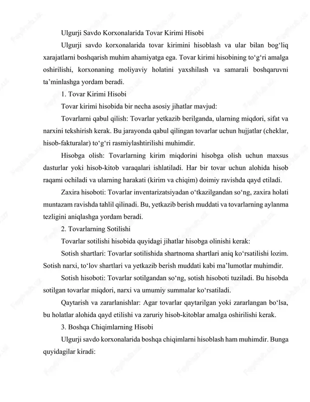 chiqimlarni hisoblash ham muhimdir. bunga quyidagilar kiradi: transport xarajatlari: tovarlarni yetkazib berish uchun sarflangan xarajatlar hisobga olinadi. bu xarajatlar tovar narxiga qo‘shilishi yoki alohida ko‘rsatilishi mumkin. saqlash xarajatlari: tovarlar omborlarda saqlanayotganda, saqlash xarajatlari (ijaralar, kommunal xizmatlar va boshqalar) hisobga olinishi zarur. marketing xarajatlari: tovarlarni sotish uchun reklama va marketingga sarflangan xarajatlar ham hisobga olinadi. bu xarajatlarning natijasi sifatida sotish hajmining oshishi kutiladi. 4. hisob-kitob va tahlil ulgurji savdo korxonalari uchun tovar kirimi, sotilishi va boshqa chiqimlarning to‘g‘ri hisob-kitobi, moliyaviy tahlil uchun muhimdir. buning uchun: hisob dasturlari: tovarlar va xarajatlarni hisobga olish uchun zamonaviy dasturlar qo‘llanilishi kerak. bu dasturlar yordamida barcha ma’lumotlar tez va aniq qayd etiladi. moliyaviy hisobotlar: muntazam ravishda moliyaviy hisobotlar tayyorlanadi. bu hisobotlar asosida korxonaning moliyaviy holati, foyda va zarar tahlil qilinadi. ulgurji savdo - mahsulotlarni katta hajmda sotib olish, ularni saqlash va bu mahsulotlarni chakana savdo korxonalari va biznes foydalanuvchilariga qayta sotishdir. iste’molchilar ulgurji savdo faoliyatiga ko‘p …