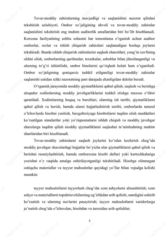 chkalariga yozishni o’z vaqtida amalga oshirilayotganligi tekshiriladi. hisobga olinmagan oshiqcha materiallar va tayyor mahsulotlar quyidagi yo’llar bilan vujudga kelishi mumkin: tayyor mahsulotlarni tayyorlash chog’ida xom ashyolarni almashtirish; xom ashyo va materiallarni topshiruvchilarning og’irlikdan urib qolishi, namligini oshirib ko’rsatish va ularning navlarini pasaytirish; tayyor mahsulotlarni xaridorlarga jo’natish chog’ida o’lchovdan, hisobdan va tarozidan urib qolishlar; moddiy qiymatliklarni yuklashtashishtushirish yoki saqlash chog’ida yo’qolgan deb asossiz dalolatnomalar tuzish va shunga o’xshash. hisobga olinmagan oshiqcha materiallar odatda alohida saqlanadi. ularni aniqlash uchun omborxona hisobi daftari yoki kartochkalari ma’lumotlaridan foydalaniladi. agar hisobga olinmagan oshiqcha materiallar bo’lsa, alohida turdagi materiallarning ma’lum davrlardagi chiqimi, qoidagi ko’ra, ularning kirimidan oshib ketadi (qizil bilan chiqish). bunday oshiqcha sarflashlar shu nomdagi materiallarning keyingi tushumlari va kirimlari hisobidan qoplanadi. ombor xo’jaligini ko’zdan kechirish va moddiy qiymatliklar saqlanishining nazoratini hujjatlar asosida tekshirish bilan izchil amalga oshirish tovar-moddiy zahiralarning saqlanishi to’g’risida asoslangan xulosalar qilish va profilaktik tadbirlar ishlab chiqish imkonini beradi. tovar-moddiy zahiralarni auditorlik …