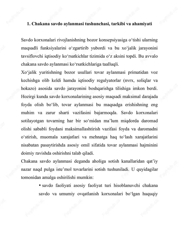 ash bozor va sanoat bozorida tovarlar bilan savdo qiluvchi jismoniy shaxslar tomonidan. jismoniy shaxslar tomonidan buyum bozori, aralash bozor va sanoat bozorida sotuvchi tovarlar hajmi mintaqaviy statistika organlari tomonidan amaga oshiriluvchi maxsus tadqiqotlar asosida aniqlanadi. shunday qilib, chakana savdo aylanmasining mohiyatini aholining naqd pul mablag‘larini xarid qilingan tovarlarga ayirboshlash bilan bog‘liq iqtisodiy munosabatlar aks ettiradi. biroq chakana savdo aylanmasi tarkibiga quyidagilar ham kiritilishi mumkin: · ijtimoiy sohada huquqiy shaxslarga (kasalxona, sanatoriy, bolalar bog‘chasi va hokazolar) naqdsiz hisob-kitob yo‘li bilan sanoat mahsulotlarini sotish; · huquqiy shaxslarga tovarlarni faqat kassa apparatlaridan foydalangan holda naqd pulga sotish. chakana savdo aylanmasi boshlang‘ich tovar-pul hisoboti va unga ilova qilinuvchi hujjatlar asosida hisobot davridagi amaldagi narxlarda hisobga olib boriladi. chakana savdo aylanmasi hisobi aholiga tovar bilan birga sotilgan shisha idish-tovoqning qiymatini hisobga olgan holda, aholidan qaytarib olingan idish-tovoqlar qiymatini, shuningdek, aholidan qabul qilingan shisha idishlar qiymatini chiqarib tashlab yuritiladi. tovar aylanmasi umumiy ovqatlanish chakana savdo aylanmasiga …