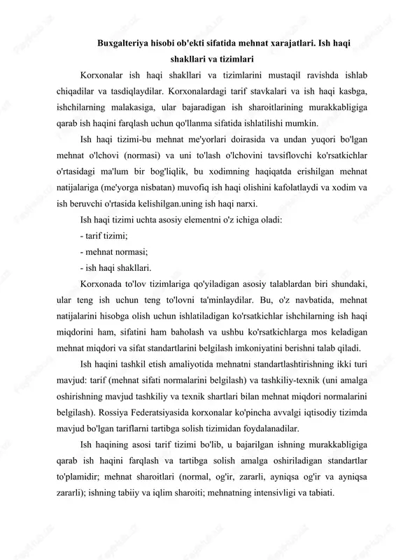 d bo'lgan tariflarni tartibga solish tizimidan foydalanadilar. ish haqining asosi tarif tizimi bo'lib, u bajarilgan ishning murakkabligiga qarab ish haqini farqlash va tartibga solish amalga oshiriladigan standartlar to'plamidir; mehnat sharoitlari (normal, og'ir, zararli, ayniqsa og'ir va ayniqsa zararli); ishning tabiiy va iqlim sharoiti; mehnatning intensivligi va tabiati. tarif tizimi quyidagi elementlarni o'z ichiga oladi: tarif stavkasi; tarif tarmog'i; tarif koeffitsientlari va tarif va malaka ma'lumotnomalari. tariflar tarmog'i-bu birinchi, eng past toifadan boshlab soatlik yoki kunlik tarif stavkalari bo'lgan jadvallar. hozirgi vaqtda asosan ish sharoitlariga qarab farqlanadigan olti bitli tarif tarmoqlari qo'llaniladi. har bir panjara ishchilar va vaqt ishchilarining ishlarini to'lash uchun tarif stavkalarini taqdim etadi. tarif stavkasi-bu vaqt birligida (soat, kun, oy) ishlab chiqarilgan ma'lum bir murakkablikdagi ish uchun to'lov miqdori. tarif stavkasi har doim naqd pulda ifodalanadi va uning hajmi zaryadning oshishi bilan ortadi. chiqarish-bu bajarilgan ishning murakkabligi va ishchining malaka darajasining ko'rsatkichidir. bajarilgan ish toifasiga qarab tarif stavkalari …