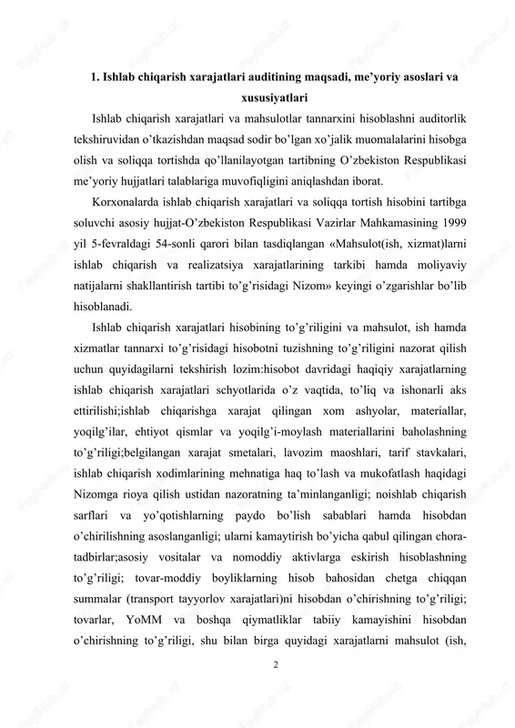 nazoratning ta’minlanganligi; noishlab chiqarish sarflari va yo’qotishlarning paydo bo’lish sabablari hamda hisobdan o’chirilishning asoslanganligi; ularni kamaytirish bo’yicha qabul qilingan chora-tadbirlar;asosiy vositalar va nomoddiy aktivlarga eskirish hisoblashning to’g’riligi; tovar-moddiy boyliklarning hisob bahosidan chetga chiqqan summalar (transport tayyorlov xarajatlari)ni hisobdan o’chirishning to’g’riligi; tovarlar, yomm va boshqa qiymatliklar tabiiy kamayishini hisobdan o’chirishning to’g’riligi, shu bilan birga quyidagi xarajatlarni mahsulot (ish, xizmat)lar tannarxiga qo’shishning to’g’riligi va asoslanganligi; ta’sis hujjatlariga muvofiq qo’shma korxonada ishlab chiqarishda bevosita ishlaydigan chet el fuqarolariga berilgan turar joylar va kommunal xizmatlar uchun to’lovlar; xizmat safarida va yo’lda bo’lgan vaqt, turar joy ijarasi, xizmat safari joyiga borib qaytish yo’l xarajatlari uchun tasdiqlangan me’yorlar doirasida, ishlab chiqarish faoliyati bilan bog’liq chet el xizmat safari xarajatlari. asosiy xarajatlar, ishlab chiqarishni tashkil etish va boshqarish xarajatlarining to’g’ri va asoslangan hamda me’yorlarga muvofiqligini tekshiriladi. mahsulot (ish, xizmat) larning rejadagi va hisobot kalkulyatsiyasining to’g’riligini xarajat moddalari bo’yicha tekshiriladi. natijada reja va haqiqiy tannarx o’rtasidagi tafovutlarni moddalar …