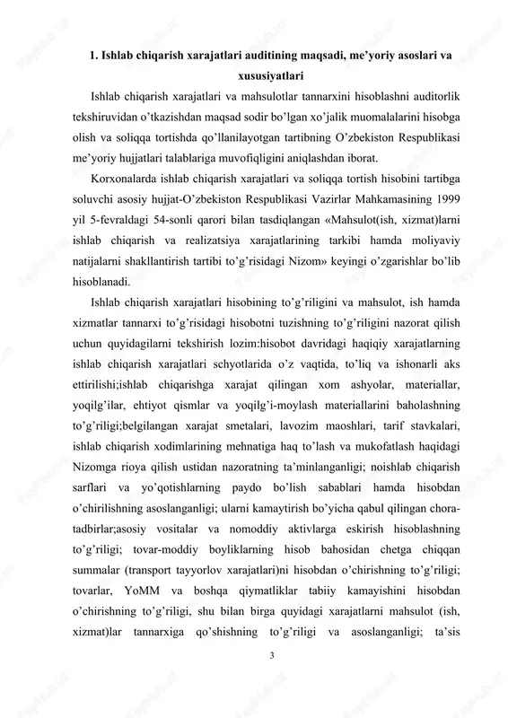 atning ta’minlanganligi; noishlab chiqarish sarflari va yo’qotishlarning paydo bo’lish sabablari hamda hisobdan o’chirilishning asoslanganligi; ularni kamaytirish bo’yicha qabul qilingan chora-tadbirlar;asosiy vositalar va nomoddiy aktivlarga eskirish hisoblashning to’g’riligi; tovar-moddiy boyliklarning hisob bahosidan chetga chiqqan summalar (transport tayyorlov xarajatlari)ni hisobdan o’chirishning to’g’riligi; tovarlar, yomm va boshqa qiymatliklar tabiiy kamayishini hisobdan o’chirishning to’g’riligi, shu bilan birga quyidagi xarajatlarni mahsulot (ish, xizmat)lar tannarxiga qo’shishning to’g’riligi va asoslanganligi; ta’sis hujjatlariga muvofiq qo’shma korxonada ishlab chiqarishda bevosita ishlaydigan chet el fuqarolariga berilgan turar joylar va kommunal xizmatlar uchun to’lovlar; xizmat safarida va yo’lda bo’lgan vaqt, turar joy ijarasi, xizmat safari joyiga borib qaytish yo’l xarajatlari uchun tasdiqlangan me’yorlar doirasida, ishlab chiqarish faoliyati bilan bog’liq chet el xizmat safari xarajatlari. asosiy xarajatlar, ishlab chiqarishni tashkil etish va boshqarish xarajatlarining to’g’ri va asoslangan hamda me’yorlarga muvofiqligini tekshiriladi. mahsulot (ish, xizmat) larning rejadagi va hisobot kalkulyatsiyasining to’g’riligini xarajat moddalari bo’yicha tekshiriladi. natijada reja va haqiqiy tannarx o’rtasidagi tafovutlarni moddalar …