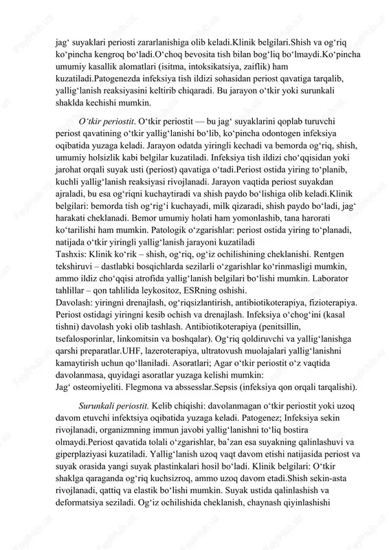 g to‘liq olinmasligi yoki alveola jarohati → infeksiya kirib, periostit rivojlanadi. tish protezlari yoki ortodontik apparatlar tufayli milk jarohatlanishi ham infektsiyaga sharoit yaratishi mumkin. periostit faqat tish kasalliklaridan kelib chiqmaydi, balki boshqa umumiy va mahalliy omillar ta’sirida ham paydo bo‘lishi mumkin. bunday hollarda u noodontogen periostit deyiladi.noodontogen sabablar – yuqumli kasalliklar (angina, sinusit, gripp ), qon orqali infeksiya tarqalishi sabab yuzaga keladi. infeksiya qon oqimi yoki limfa orqali periostga tarqalib, yallig‘lanish chaqirishi mumkin: teri yiringli kasalliklari (furunkul, karbunkul, flegmona) – yuz-jag‘ sohasiga o‘tib ketishi mumkin. sistemik yuqumli kasalliklar: sil (tuberkulyoz), sifilis, aktinomikoz → jag‘ suyaklari periosti zararlanishiga olib keladi.klinik belgilari.shish va og‘riq ko‘pincha kengroq bo‘ladi.o‘choq bevosita tish bilan bog‘liq bo‘lmaydi.ko‘pincha umumiy kasallik alomatlari (isitma, intoksikatsiya, zaiflik) ham kuzatiladi.patogenezda infeksiya tish ildizi sohasidan periost qavatiga tarqalib, yallig‘lanish reaksiyasini keltirib chiqaradi. bu jarayon o‘tkir yoki surunkali shaklda kechishi mumkin. o‘tkir periostit. o‘tkir periostit — bu jag‘ suyaklarini qoplab turuvchi periost qavatining o‘tkir …