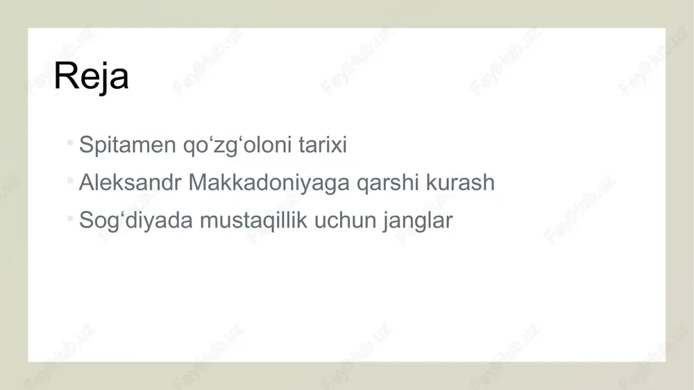 im spitamen qoʻzgʻoloni paytida, ijtimoiy tuzilmalar o'zgarib, mahalliy aholi o'rtasida birlik va hamjihatlik kuchaygan. bu, mustaqillik uchun kurashda muhim rol o'ynadi. 2 iqtisodiy ta'sir qoʻzgʻolon natijasida, sogʻdiyona iqtisodiy resurslari mahalliy aholi tomonidan boshqarila boshlandi. bu, savdo va qishloq xoʻjaligini yanada rivojlantirish imkonini berdi. 3 madaniy o'zgarishlar spitamen qoʻzgʻoloni madaniy merosni saqlashga yordam berdi. bu davrda, urush va mustaqillik kurashi san'at va adabiyotda yangi ifodalar paydo bo'ldi. 4 ijtimoiy birlik qoʻzgʻolon davomida, sogʻdiyonadagi turli qabilalar birlashib, umumiy maqsadga erishish uchun birlashdilar. bu, milliy identitetni kuchaytirdi va kelajak avlodlarga ta'sir ko'rsatdi. spitamen qoʻzgʻoloni: sharq va gʻarb o'rtasidagi madaniy aloqalar. 1 sharq va gʻarb aloqalari spitamen qoʻzgʻoloni, sharq va gʻarb o'rtasidagi madaniy aloqalarni kuchaytirib, har ikki tomonning siyosiy va ijtimoiy o'zgarishlariga ta'sir qildi. 2 madaniy ta'sir spitamen qoʻzgʻoloni davrida, sogʻdiyona madaniyati gʻarbning uslublari bilan birlashib, yangi san'at va adabiyot shakllarini yaratdi. 3 mifologik aloqalar spitamen qahramonligi, gʻarbda mustaqillik va qahramonlik miflarini yaratishda muhim …