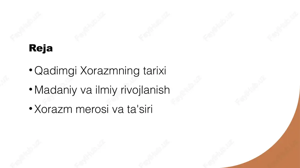 'minlagan. xenoklar va xalqlar xorazmda yashagan xalqlar, jumladan, turkiy va eroniy xalqlar, o'zaro madaniy aloqalar o'rnatib, hududning boyligini oshirishda ishtirok etganlar. madaniy meros xorazmning qadimiy madaniyatlari, arxitektura va san'at asarlarida aks etgan, bu esa hududning zamonaviy madaniyatini shakllantirishda muhim ahamiyatga ega. urug'lararo aloqalar xorazmda turli urug'lar orasida savdo va madaniyat almashinuvi, tarixiy hodisalar va urf-odatlar orqali kuchli aloqalar o'rnatilgan. tarixiy manbalar orqali xorazmning merosi. 01 tarixiy manbalar xorazm merosini o'rganish uchun muhim tarixiy manbalar, masalan, arab, fors va yunon yozuvlari mavjud bo'lib, ular ko'plab ma'lumotlarni taqdim etadi. 02 madaniyat va ilm tarixiy manbalar xorazmning madaniy va ilmiy yutuqlarini aks etdiradi, jumladan, astronomiya, matematikada muhim ishlanmalari va san'atdagi yutuqlarini o'z ichiga oladi. 03 arxeologik topilmalar xorazmda olib borilgan arxeologik qazishmalar ko'plab qadimiy obidalar, ashyolar va san'at asarlarini ochib berdi, bu esa tarixiy merosni yanada boyitdi. 04 o'rganish jarayoni tarixiy manbalarni o'rganish jarayoni, arxitektura, adabiyot va iqtisodiy aloqalarni chuqur anglash imkonini beradi, …