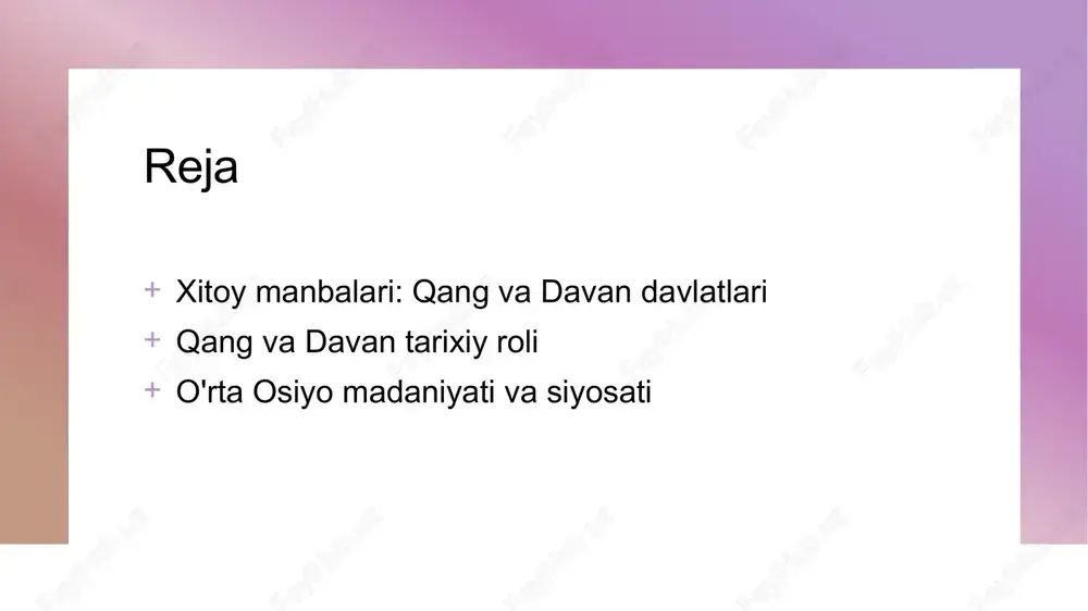 ang va davan savdosi qang va davan davlatlari, savdo yo'llari bo'ylab, asosiy tovarlar sifatida ipak, ziravorlar va metallardan foydalanishgan, bu iqtisodiy taraqqiyotga yordam bergan. iqtisodiy faoliyat iqtisodiy faoliyatlar qishloq xo'jaligi, hunarmandchilik va savdogarlikdan iborat bo'lib, bu davlatlar mintaqada iqtisodiy jihatdan mustahkam o'rin egallagan. savdo yo'llari qang va davan davlatlari, ipak yo'li orqali xitoy, hindiston va yaqin sharq bilan savdo aloqalarini o'rnatib, madaniyat va iqtisodiyotni rivojlantirgan. xitoy va qang-davan munosabatlari: diplomatiya va konfliktlar. diplomatiya jarayonlari qang va davan davlatlari xitoy bilan diplomatik aloqalar o'rnatib, savdo, madaniyat va siyosiy masalalarda muloqotda bo'lishgan. konfliktlar va qarama-qarshilik tarix davomida qang va davan davlatlari xitoy bilan ba'zi konfliktlarga duch kelgan. bu hodisalar hududiy nazorat va resurslar ustida kelishmovchilikdan kelib chiqqan. madaniy almashinuv xitoy va qang-davan o'rtasidagi aloqalar madaniy almashinuvni rivojlantirgan. bu jarayon san'at, adabiyot va ilm-fan sohalarida o'zaro ta'sirlar keltirib chiqardi. qang va davan davlatlari: xitoy manbalaridagi o'zgarishlar va ta'sirlar. xitoy manbalaridagi izlar xitoy manbalarida …