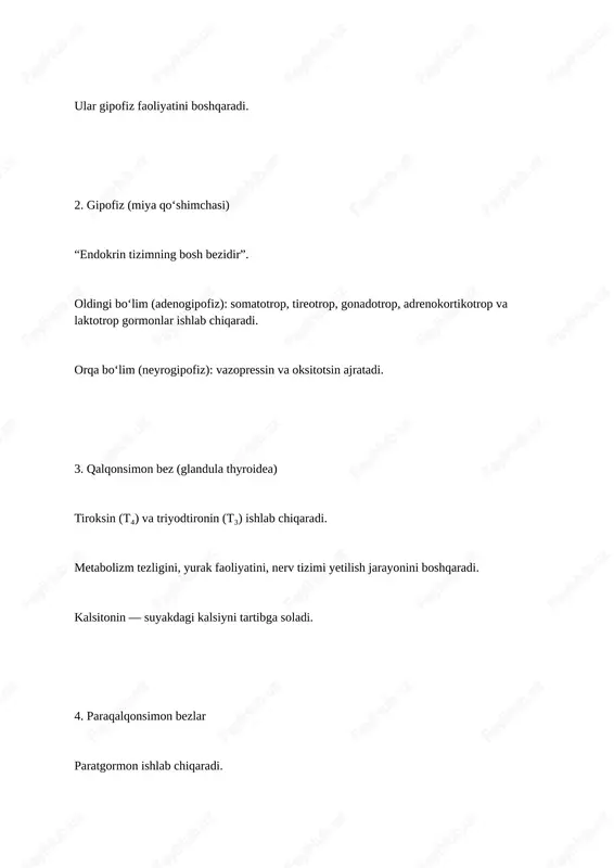 di o‘sish va rivojlanishni nazorat qiladi stress holatlariga moslashuvni ta’minlaydi reproduktiv funksiyani boshqaradi ichki muhit barqarorligini (homeostazni) saqlaydi --- 3. endokrin kasalliklari kasallik qisqacha tavsif sabab belgilari gipertireoz (basedov kasalligi) qalqonsimon bez gormonlari ortiqcha ishlab chiqariladi autoimmun jarayon yurak urish tezligi, ozish, titrash, asabiylik gipotireoz qalqonsimon bez faoliyati sust yod tanqisligi yoki bez shikastlanishi uyquchanlik, vazn ortishi, sovuqsevarlik qandli diabet (diabetes mellitus) insulin yetishmovchiligi yoki to‘qimalar sezgirligining kamayishi oshqozon osti bezining disfunksiyasi chanqash, poliuriya, ozish kushing sindromi kortizol ortiqcha ishlab chiqarilishi buyrak usti bezining o‘smalari yuqori bosim, semirish, charchash addison kasalligi buyrak usti bezining yetishmovchiligi autoimmun jarayon holsizlik, gipotonya, terining qorayishi gigantizm va akromegaliya somatotrop gormonining ortiqcha ishlab chiqarilishi gipofiz o‘smalari o‘sishda haddan ortiqlik, suyak deformatsiyasi --- 4. diagnostika usullari qon tahlili (gormonlar darajasini o‘lchash) ultrasonografiya (bez tuzilishini baholash) mrt va kt (o‘smalar aniqlash) biopsiya glyukoza tolerantlik testi (diabetda) --- 5. davolash prinsiplari gormonal terapiya (insulin, tiroksin, kortikosteroidlar va b.) …
