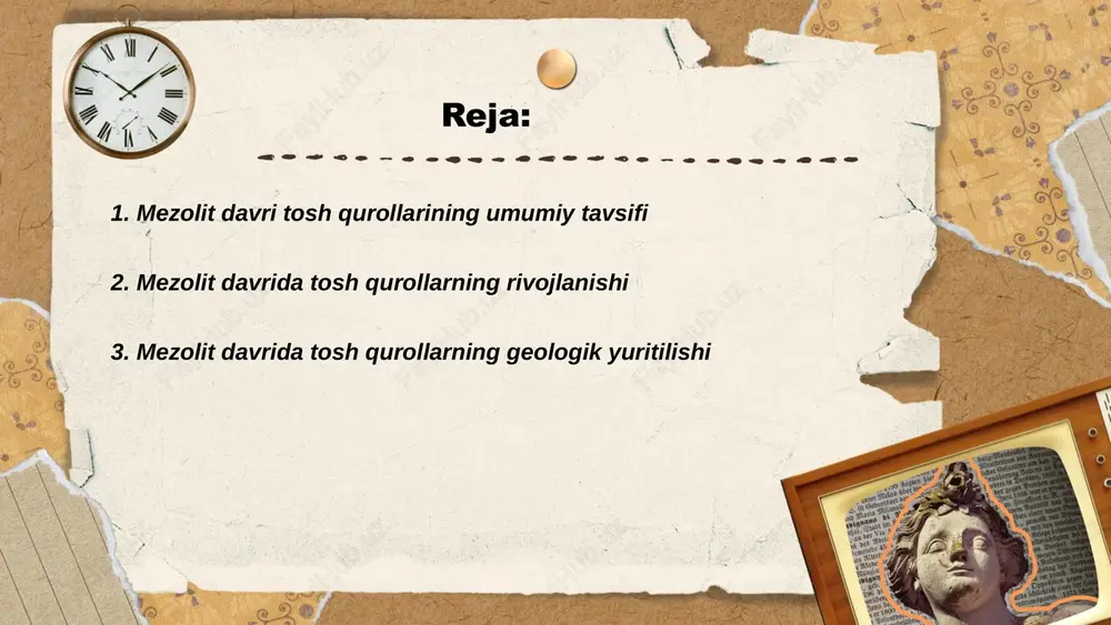 san qadimgi jamiyatlarning yashash joylariga, iqtisodiy faoliyatiga va madaniy tubanliklariga oid bo‘lgan ma’lumotlar bilan bog‘liq. ushbu davrda odamlar qurollarni tayyorlash uchun toshlar, ayniqsa, chert va obsidiandarni keng ishlatishgan. mezolit davrining o‘rta bosqichlarida kichikroq va murakkabroq mikrolit tosh qurollar paydo bo‘lgan. geologik yuritilish esa asosan yer qatlamlarining qaysi joylarda bu turdagi tosh materiallar mavjud ekanini o‘rganishni o‘z ichiga oladi. yevropa, osiyo va afrikaning turli mintaqalarida topilgan arxeologik manzillar mezolit davriga taalluqli tosh qurollar bilan tanishuv imkonini beradi. bu davr taxminan 10,000 yildan 5,000 yilgacha davom etgan bo‘lib, iqlim o‘zgarishi va yangi texnologiyalar rivojlanishi bilan ajralib turgan. ... t.me/slaydai_bot 4. mikroliit texnologiyasi va uning mezolit davridagi roli mikroliit texnologiyasi mezolit davrida kichik va o‘tkir tosh asboblarni yaratishda foydalanilgan. bu texnologiya o‘sha davrdagi ovchilik va yig‘uvchilik jamiyatlarida muhim rol o‘ynagan. mikroliitlar uzunligi odatda 1-5 sm bo‘lib, ulardan o‘q uchlari, sanchqilar va baliq o‘zaklarini yaratishda foydalanilgan. ushbu texnologiya asboblarni yengil va ko‘chirish oson qilish …