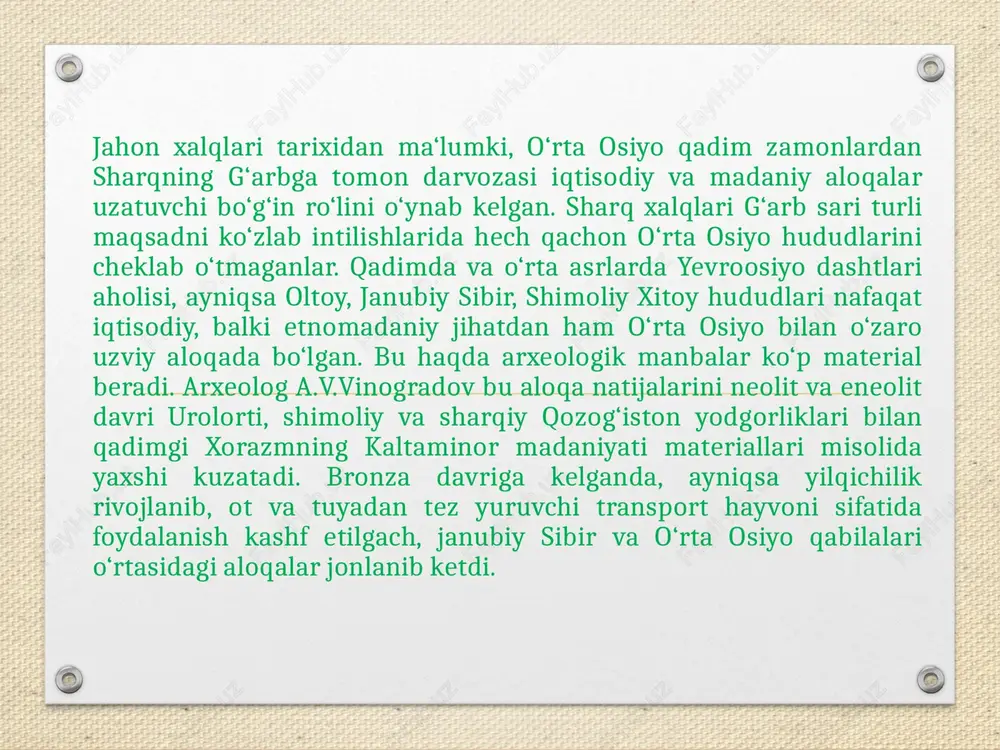 hak bilan ta‘minlab borish bo‘lib qoldi. dasht aholisining hali davlat tuzilmalari shakllanmagan. qabilaviy tartib-qoidalari hukm surgan jamiyatida yangi yaylovlarni o‘zlashtirish uchun o‘zaro kurashlar muqarrar edi. o‘sha davr talabiga ko‘ra, chorvadorlar jamoalarida jangovar suvoriylar, ya‘ni erkin arxeologik tadqiqotlar natijalariga ko‘ra, mil. avv. ii ming yillikning o‘rtalaridan boshlab, o‘rta osiyoning shimoli-sharqidan sidaryoning quyi havzalariga markaziy osiyoning dasht aholisi jadal kirib kela boshlaydi. dastlab ular amudaryoning quyi havzalariga joylashadilar (tozabog‘yob madaniyati). ularning bir qismi sirdaryoning o‘rta havzasi, ya‘ni janubiy qozog‘iston va toshkent vohasiga kirib kelib, yettisuv orqali qadimgi farg‘onaga (qayroqqum madaniyati), undan qayroqqum orqali ustrushona va so‘g‘diyona hududlariga yetib boradilar. hozirgi kunda ularning moddiy madaniyat izlari butun o‘rta osiyo hududlari bo‘ylab keng tarqalgan. ularning izlari hatto o‘rta osiyoning qadimgi dehqonchilik mintaqalarida aynan murg‘ob vohasi yodgorliklarida ham uchraydi. bronza davridan boshlangan bu migratsiya jatumanlari moddiy madaniyat va qadimgi yozma manbalar tahliliga ko‘ra, muntazam ravishda to so‘nggi o‘rta asrlargacha davom etgan. qang’ davlati. xitoy manbalarida …