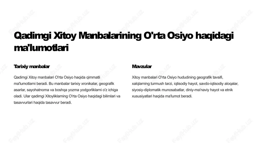 gik ahamiyati haqida ma'lumot beradi. qadimgi shaharlar xitoy tarixchilari va sayyohlari o'rta osiyoda qadimgi shaharlarning mavjudligini yozib olishgan. bu shaharlarning xalqlarning turmush tarzi, iqtisodiy hayoti va madaniyati haqida qimmatli ma'lumotlar beradi. 3 hunxua qabilalarining o'rta osiyoda yashaganligi 1 1. hunxua qabilalari tarixi qadimgi xitoy manbalarida hunxua qabilalari haqida ma'lumotlar mavjud. ular o'rta osiyoning shimoliy-g'arbiy hududlarida yashagan. hunxua qabilalari ko'chmanchi turmush tarzini olib borganlar. 2 2. hunxua qabilalarining madaniyati hunxua qabilalarining madaniyati haqida ham ma'lumotlar mavjud. ular cho'ponchilik bilan shug'ullanishgan va ot minishni yaxshi ko'rishgan. 3 3. hunxua qabilalarining xitoy bilan aloqalari xitoy manbalarida hunxua qabilalari bilan xitoy o'rtasidagi aloqalar haqida ham ma'lumotlar berilgan. ular xitoy bilan savdo-iqtisodiy aloqalar o'rnatganlar. 4 4. xitoy manbalari hunxua qabilalari haqida xitoy manbalari - "shiji" va "hanshu" kitoblarida ham eslatib o'tilgan. 4 xitoy manbalaridagi o'rta osiyoning geografik tavsifi xitoy manbalari o'rta osiyoning geografik joylashuvi va tabiiy sharoitlarini batafsil tavsiflaydi. ular mintaqaning kenglikdagi cho'zilganligi, tog'li hududlari, …