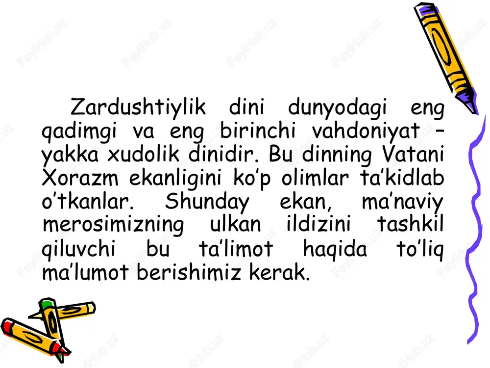 arkaziy osiyo hududida mavjud bo’lgan ko’pxudolikka negizlangan qadimiy diniy tasavvur va e’tiqodlarni isloh qilib, yangi dinga asos soldi. zardushtning tug’ilgan va ilk diniy faoliyatini boshlagan joyi xususida ikki xil qarash mavjud birinchisi – «g’arb nazariyasi» bo’lib, unga ko’ra midiya (hozirgi eron hududida) zardushtning vatani va zardushtiylikning ilk tarqalgan joyi hisoblanadi. bu fikr tarafdorlarining dalili shuki, birinchidan, zardushtiylikning qadimiy eron hududlarida keng tarqalganligi bo’lsa, ikkinchidan, zardushtiylikning muqaddas kitobi sanalmish avestoga keyin yozilgan sharhlarning qadimiy eron-pahlaviy tilida bo’lganligidir. e’tibordan chiqarmaslik kerakki, zardushtiylik uch buyuk eron imperiyasi – ahamoniylar, arshakiylar va sosoniylar davrlarida, ya’ni mil. av. vi asrdan to mil. vii asrigacha ketma-ket aynan yaqin va o’rta sharqda davlat dini maqomida bo’lgan. ikkinchisi, «sharq nazariyasi» bo’lib, unga ko’ra, zardusht vatani va zardushtiylikning ilk tarqalgan joyi xorazm hisoblanadi. ko’pchilik manbashunoslar ikkinchi nazariya tarafdorlaridirlar. xorazm zardushtiylikning muqaddas olovi ozarxurra birinchi bor yoqilgan va eng buyuk xudo – axura-mazdaning zardusht bilan bog’langan joyi hisoblanadi. zardushtiylikning asosiy …